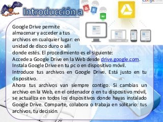 Google Drive permite
almacenar y acceder a tus
archivos en cualquier lugar: en la Web, en tu
unidad de disco duro o allí
donde estés. El procedimiento es el siguiente:
Accede a Google Drive en la Web desde drive.google.com.
Instala Google Drive en tu pc o en dispositivo móvil.
Introduce tus archivos en Google Drive. Está justo en tu
dispositivo.
Ahora tus archivos van siempre contigo. Si cambias un
archivo en la Web, en el ordenador o en tu dispositivo móvil,
se actualiza en todos los dispositivos donde hayas instalado
Google Drive. Comparte, colabora o trabaja en solitario: tus
archivos, tu decisión.

 
