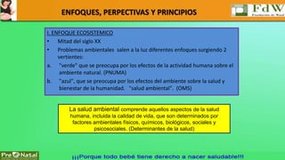 ENFOQUES, PERPECTIVAS Y PRINCIPIOS 
I. ENFOQUE ECOSISTEMICO 
• Mitad del siglo XX 
• Problemas ambientales salen a la luz diferentes enfoques surgiendo 2 
vertientes: 
a. "verde" que se preocupa por los efectos de la actividad humana sobre el 
ambiente natural. (PNUMA) 
b. "azul", que se preocupa por los efectos del ambiente sobre la salud y 
bienestar de la humanidad. "salud ambiental". (OMS) 
La salud ambiental comprende aquellos aspectos de la salud 
humana, incluida la calidad de vida, que son determinados por 
factores ambientales físicos, químicos, biológicos, sociales y 
psicosociales. (Determinantes de la salud) 
 