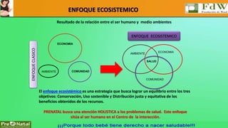 ENFOQUE ECOSISTEMICO 
Resultado de la relación entre el ser humano y medio ambientes 
ECONOMIA 
AMBIENTE COMUNIDAD 
AMBIENTE 
COMUNIDAD 
ECONOMIA 
SALUD 
ENFOQUE CLASICO 
ENFOQUE ECOSISTEMICO 
El enfoque ecosistémico es una estrategia que busca lograr un equilibrio entre los tres 
objetivos: Conservación, Uso sostenible y Distribución justa y equitativa de los 
beneficios obtenidos de los recursos. 
PRENATAL busca una atención HOLISTICA a los problemas de salud. Este enfoque 
sitúa al ser humano en el Centro de la interacción. 
 