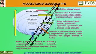 MODELO SOCIO ECOLOGICO PPD 
POLITICA PUBLICA 
LOCALIDAD 
INSTITUCIONAL 
INTERPERSONAL 
INDIVIDUAL 
Fortalecer Políticas públicas / abogacía 
Promover cultura de prevención en 
actores sociales, políticos, entidades, 
organizaciones, lideres y habitantes 
Motivar y/o fortalecer el cambio 
políticas y prácticas de la 
organización (lugar de trabajo APN 
a mujeres, colegio, iglesia, OSB 
Desarrollar la creación de entornos, actitudes 
y comportamientos (con usuarios/ clientes 
/pacientes, entre colegas, miembros de 
familia) 
Motivar y desarrollar cambios en actitudes y 
comportamientos individuales. Incrementar 
conocimientos y capacidades personales a favor de 
una cultura de PPD 
