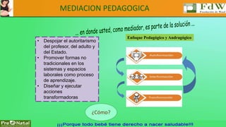 MEDIACION PEDAGOGICA 
• Despojar el autoritarismo 
del profesor, del adulto y 
del Estado. 
• Promover formas no 
tradicionales en los 
sistemas y espacios 
laborales como proceso 
de aprendizaje. 
• Diseñar y ejecutar 
acciones 
transformadoras 
Enfoque Pedagógico y Andragógico 
¿Cómo? 
 