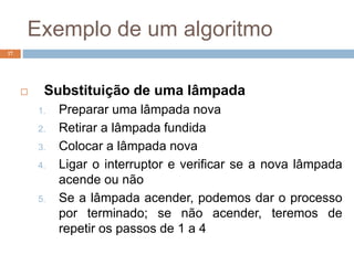 Exemplo de um algoritmo
17
 Substituição de uma lâmpada
1. Preparar uma lâmpada nova
2. Retirar a lâmpada fundida
3. Colocar a lâmpada nova
4. Ligar o interruptor e verificar se a nova lâmpada
acende ou não
5. Se a lâmpada acender, podemos dar o processo
por terminado; se não acender, teremos de
repetir os passos de 1 a 4
 