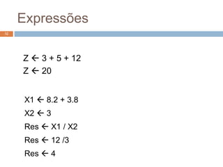 32
Z  3 + 5 + 12
Z  20
X1  8.2 + 3.8
X2  3
Res  X1 / X2
Res  12 /3
Res  4
Expressões
 