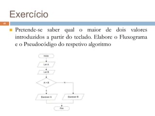 48
Exercício
 Pretende-se saber qual o maior de dois valores
introduzidos a partir do teclado. Elabore o Fluxograma
e o Pseudocódigo do respetivo algoritmo
 