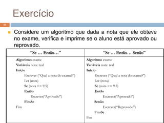 Exercício
50
 Considere um algoritmo que dada a nota que ele obteve
no exame, verifica e imprime se o aluno está aprovado ou
reprovado.
“Se … Então…” “Se … Então… Senão”
Algoritmo exame
Variáveis nota: real
Início
Escrever (“Qual a nota do exame?”)
Ler (nota)
Se (nota >= 9.5)
Então
Escrever(“Aprovado”)
FimSe
Fim
Algoritmo exame
Variáveis nota: real
Início
Escrever (“Qual a nota do exame?”)
Ler (nota)
Se (nota >= 9.5)
Então
Escrever(“Aprovado”)
Senão
Escrever(“Reprovado”)
FimSe
Fim
 