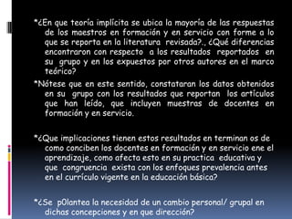 *¿En que teoría implícita se ubica la mayoría de las respuestas
  de los maestros en formación y en servicio con forme a lo
  que se reporta en la literatura revisada?., ¿Qué diferencias
  encontraron con respecto a los resultados reportados en
  su grupo y en los expuestos por otros autores en el marco
  teórico?
*Nótese que en este sentido, constataran los datos obtenidos
  en su grupo con los resultados que reportan los artículos
  que han leído, que incluyen muestras de docentes en
  formación y en servicio.


*¿Que implicaciones tienen estos resultados en terminan os de
  como conciben los docentes en formación y en servicio ene el
  aprendizaje, como afecta esto en su practica educativa y
  que congruencia exista con los enfoques prevalencia antes
  en el currículo vigente en la educación básica?


*¿Se p0lantea la necesidad de un cambio personal/ grupal en
  dichas concepciones y en que dirección?
 