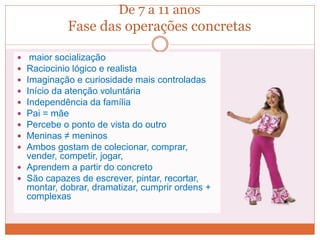 De 7 a 11 anos
Fase das operações concretas
 maior socialização
 Raciocinio lógico e realista
 Imaginação e curiosidade mais controladas
 Início da atenção voluntária
 Independência da família
 Pai = mãe
 Percebe o ponto de vista do outro
 Meninas ≠ meninos
 Ambos gostam de colecionar, comprar,
vender, competir, jogar,
 Aprendem a partir do concreto
 São capazes de escrever, pintar, recortar,
montar, dobrar, dramatizar, cumprir ordens +
complexas
 