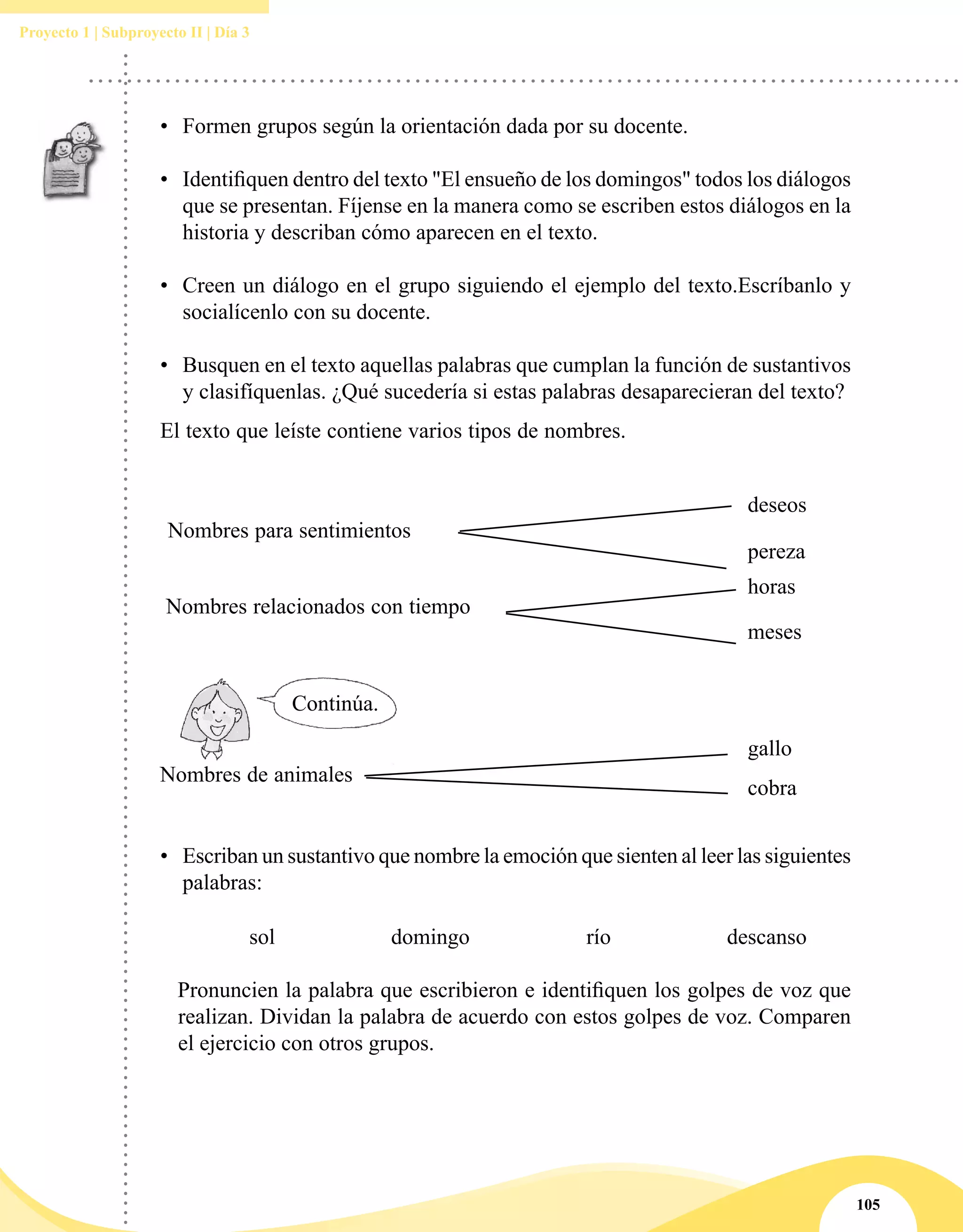105
Proyecto 1 | Subproyecto II | Día 3
•	 Formen grupos según la orientación dada por su docente.
•	 Identifiquen dentro del texto "El ensueño de los domingos" todos los diálogos
que se presentan. Fíjense en la manera como se escriben estos diálogos en la
historia y describan cómo aparecen en el texto.
•	 Creen un diálogo en el grupo siguiendo el ejemplo del texto.Escríbanlo y
socialícenlo con su docente.
•	 Busquen en el texto aquellas palabras que cumplan la función de sustantivos
y clasifíquenlas. ¿Qué sucedería si estas palabras desaparecieran del texto?
El texto que leíste contiene varios tipos de nombres.
Nombres para sentimientos
Nombres relacionados con tiempo
deseos
pereza
horas
meses
Continúa.
gallo
cobra
Nombres de animales
•	 Escriban un sustantivo que nombre la emoción que sienten al leer las siguientes
palabras:
sol domingo río descanso
	 Pronuncien la palabra que escribieron e identifiquen los golpes de voz que
realizan. Dividan la palabra de acuerdo con estos golpes de voz. Comparen
el ejercicio con otros grupos.
 