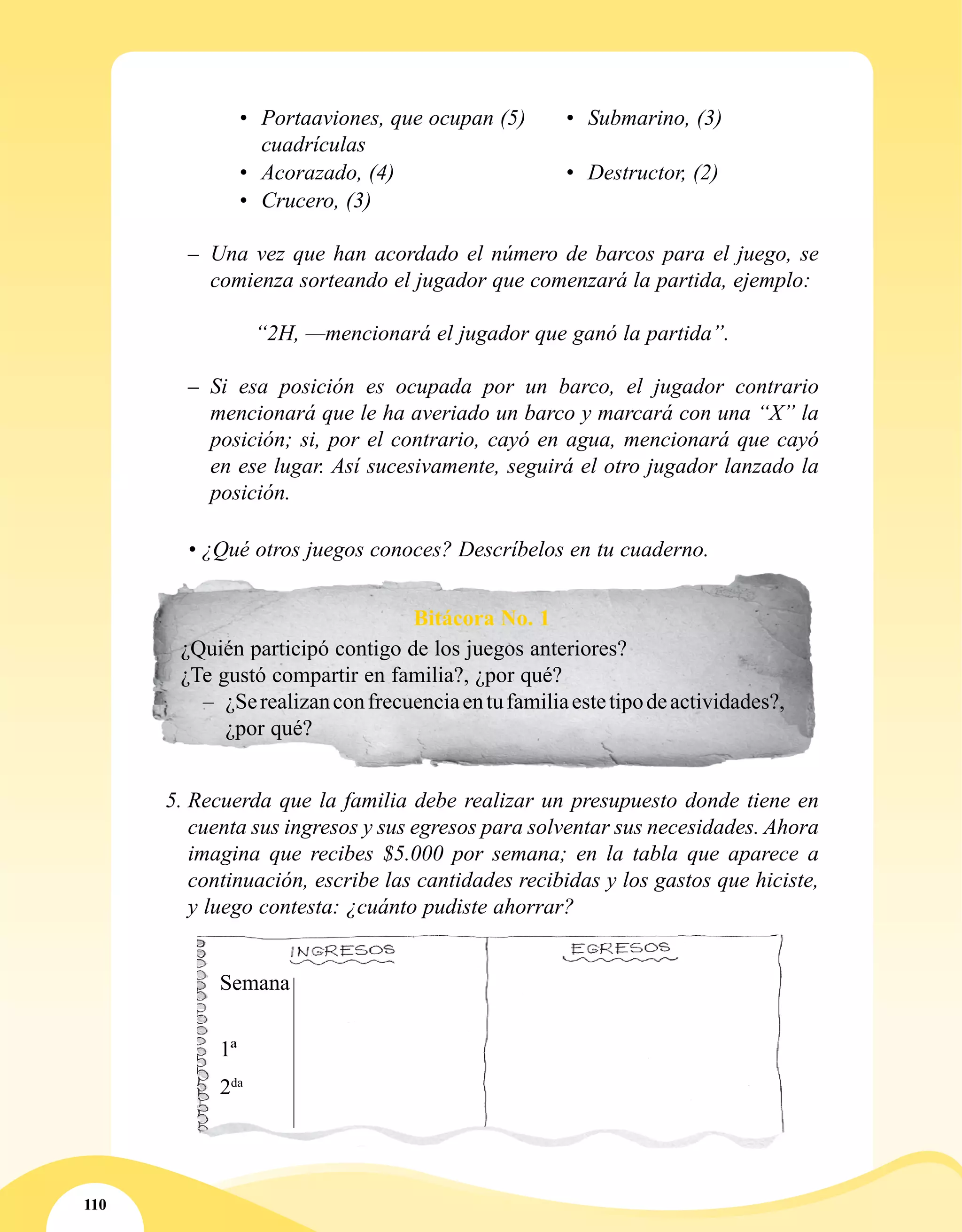 110
•	 Portaaviones, que ocupan (5)
cuadrículas
•	 Submarino, (3)
•	 Acorazado, (4) •	 Destructor, (2)
•	 Crucero, (3)
–– Una vez que han acordado el número de barcos para el juego, se
comienza sorteando el jugador que comenzará la partida, ejemplo:
“2H, —mencionará el jugador que ganó la partida”.
–– Si esa posición es ocupada por un barco, el jugador contrario
mencionará que le ha averiado un barco y marcará con una “X” la
posición; si, por el contrario, cayó en agua, mencionará que cayó
en ese lugar. Así sucesivamente, seguirá el otro jugador lanzado la
posición.
	 • ¿Qué otros juegos conoces? Descríbelos en tu cuaderno.
Bitácora No. 1
¿Quién participó contigo de los juegos anteriores?
¿Te gustó compartir en familia?, ¿por qué?
–– ¿Serealizanconfrecuenciaentufamiliaestetipodeactividades?,
¿por qué?
5.	Recuerda que la familia debe realizar un presupuesto donde tiene en
cuenta sus ingresos y sus egresos para solventar sus necesidades. Ahora
imagina que recibes $5.000 por semana; en la tabla que aparece a
continuación, escribe las cantidades recibidas y los gastos que hiciste,
y luego contesta: ¿cuánto pudiste ahorrar?
Semana
1ª
2da
 