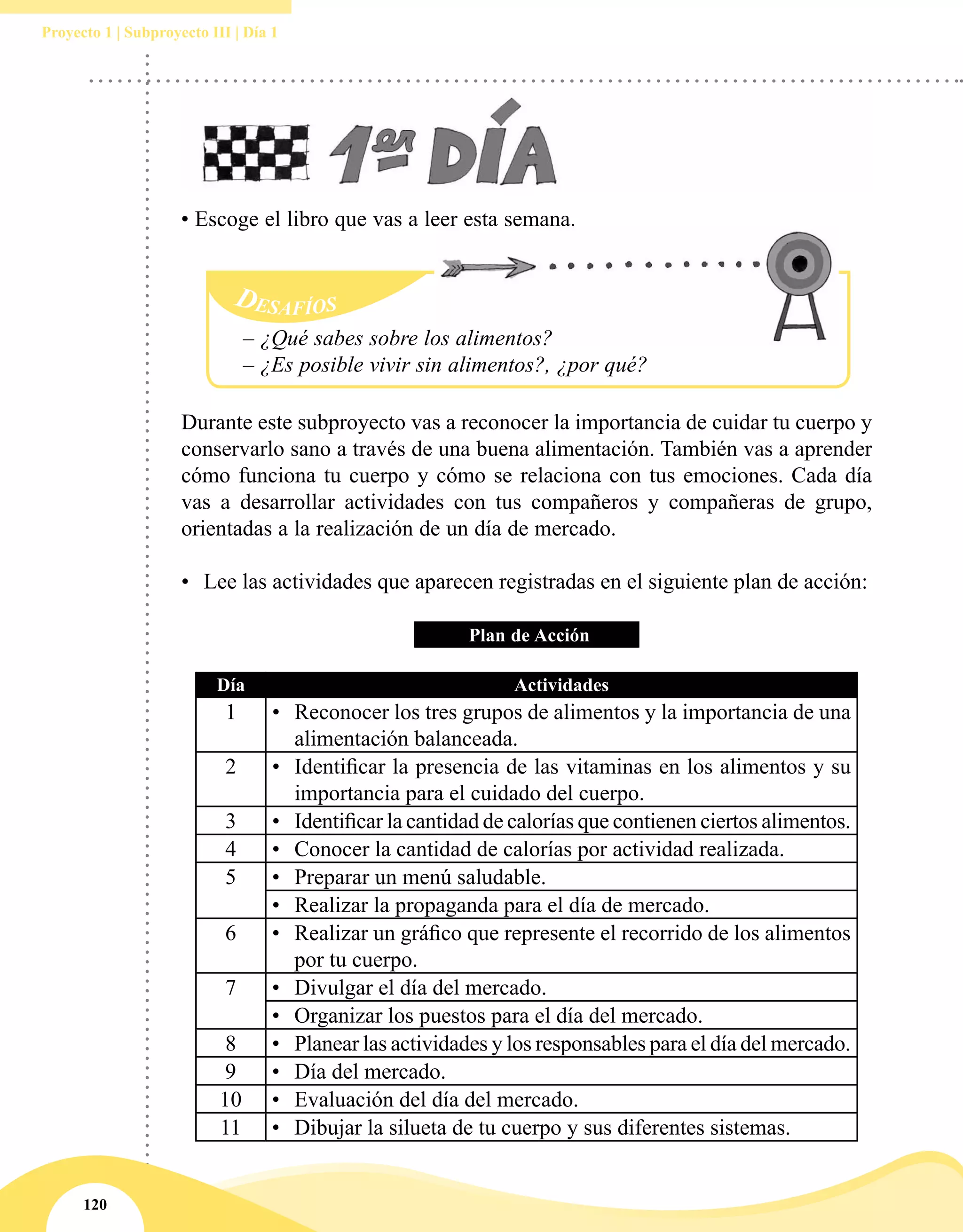 120
Proyecto 1 | Subproyecto III | Día 1
Durante este subproyecto vas a reconocer la importancia de cuidar tu cuerpo y
conservarlo sano a través de una buena alimentación. También vas a aprender
cómo funciona tu cuerpo y cómo se relaciona con tus emociones. Cada día
vas a desarrollar actividades con tus compañeros y compañeras de grupo,
orientadas a la realización de un día de mercado.
•	 Lee las actividades que aparecen registradas en el siguiente plan de acción:
Plan de Acción
Día Actividades
1 •	 Reconocer los tres grupos de alimentos y la importancia de una
alimentación balanceada.
2 •	 Identificar la presencia de las vitaminas en los alimentos y su
importancia para el cuidado del cuerpo.
3 •	 Identificar la cantidad de calorías que contienen ciertos alimentos.
4 •	 Conocer la cantidad de calorías por actividad realizada.
5 •	 Preparar un menú saludable.
•	 Realizar la propaganda para el día de mercado.
6 •	 Realizar un gráfico que represente el recorrido de los alimentos
por tu cuerpo.
7 •	 Divulgar el día del mercado.
•	 Organizar los puestos para el día del mercado.
8 •	 Planear las actividades y los responsables para el día del mercado.
9 •	 Día del mercado.
10 •	 Evaluación del día del mercado.
11 •	 Dibujar la silueta de tu cuerpo y sus diferentes sistemas.
Desafíos
– ¿Qué sabes sobre los alimentos?
– ¿Es posible vivir sin alimentos?, ¿por qué?
• Escoge el libro que vas a leer esta semana.
 