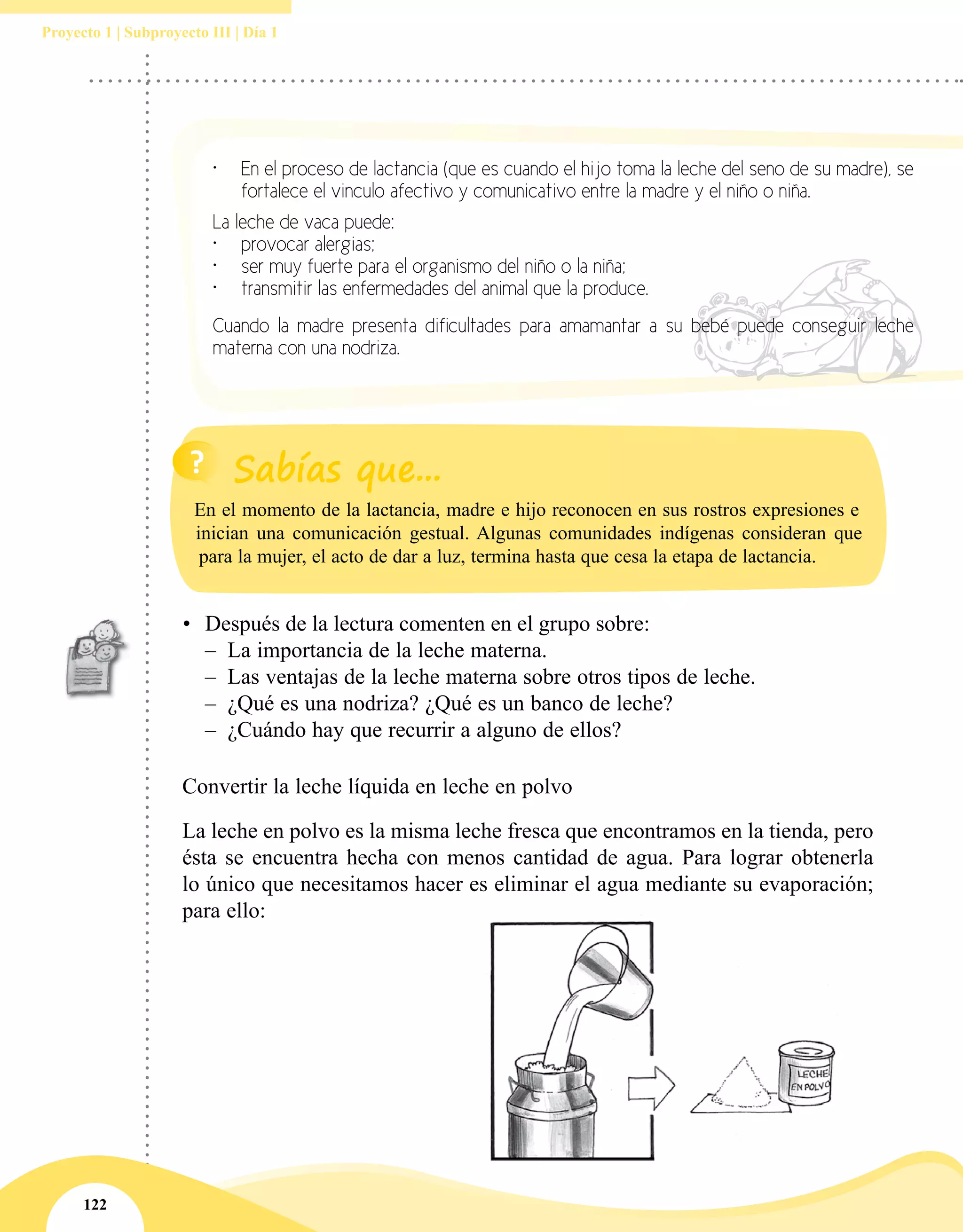 122
Proyecto 1 | Subproyecto III | Día 1
•	 Después de la lectura comenten en el grupo sobre:
–– La importancia de la leche materna.
–– Las ventajas de la leche materna sobre otros tipos de leche.
–– ¿Qué es una nodriza? ¿Qué es un banco de leche?
–– ¿Cuándo hay que recurrir a alguno de ellos?
•	 En el proceso de lactancia (que es cuando el hijo toma la leche del seno de su madre), se
fortalece el vinculo afectivo y comunicativo entre la madre y el niño o niña.
La leche de vaca puede:
•	 provocar alergias;
•	 ser muy fuerte para el organismo del niño o la niña;
•	 transmitir las enfermedades del animal que la produce.
Cuando la madre presenta dificultades para amamantar a su bebé puede conseguir leche
materna con una nodriza.
Convertir la leche líquida en leche en polvo
La leche en polvo es la misma leche fresca que encontramos en la tienda, pero
ésta se encuentra hecha con menos cantidad de agua. Para lograr obtenerla
lo único que necesitamos hacer es eliminar el agua mediante su evaporación;
para ello:
En el momento de la lactancia, madre e hijo reconocen en sus rostros expresiones e
inician una comunicación gestual. Algunas comunidades indígenas consideran que
para la mujer, el acto de dar a luz, termina hasta que cesa la etapa de lactancia.
 
