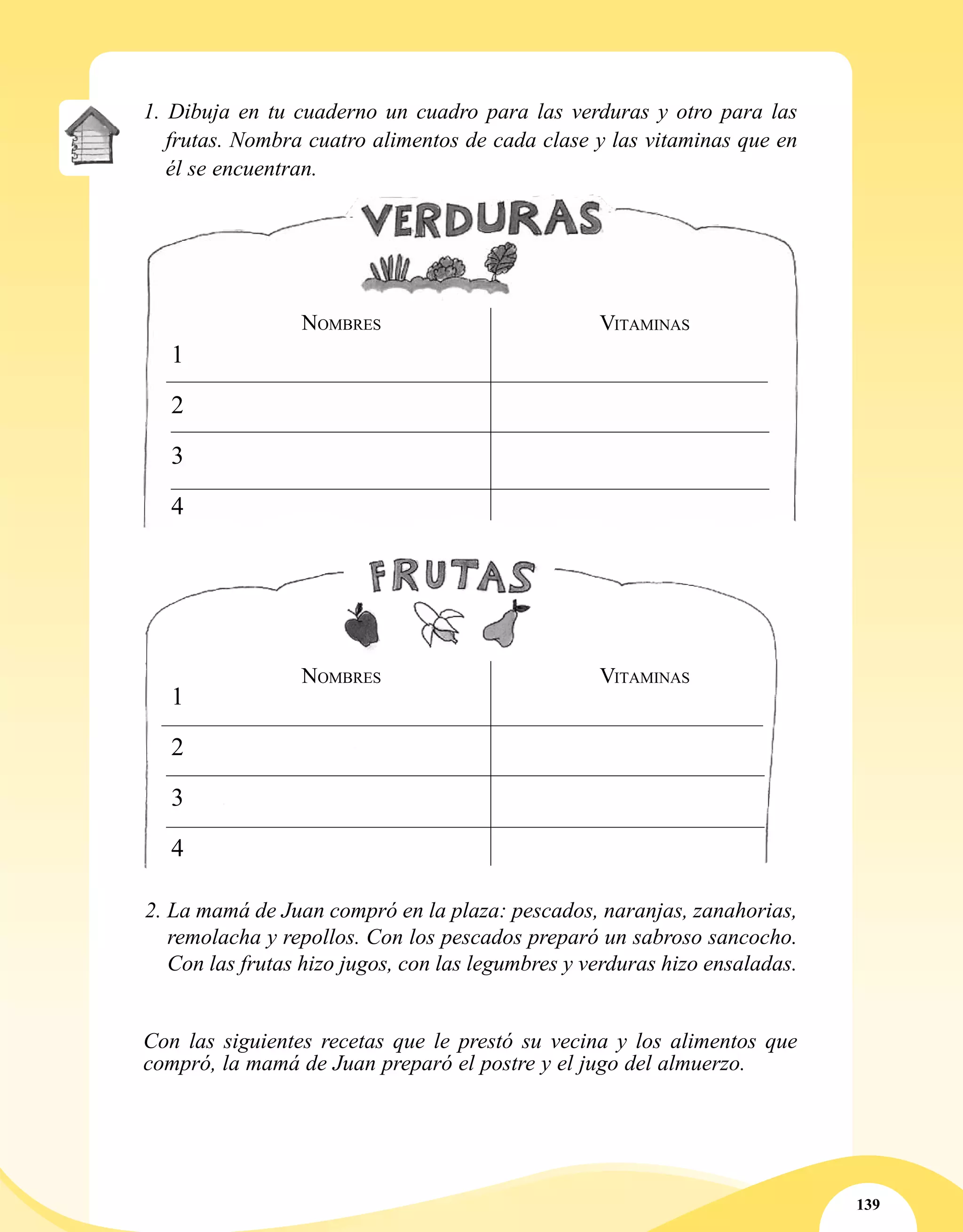 139
1. Dibuja en tu cuaderno un cuadro para las verduras y otro para las
frutas. Nombra cuatro alimentos de cada clase y las vitaminas que en
él se encuentran.
2.	La mamá de Juan compró en la plaza: pescados, naranjas, zanahorias,
remolacha y repollos. Con los pescados preparó un sabroso sancocho.
Con las frutas hizo jugos, con las legumbres y verduras hizo ensaladas.
1
2
3
4
VitaminasNombres
Nombres Vitaminas
1
2
3
4
Con las siguientes recetas que le prestó su vecina y los alimentos que
compró, la mamá de Juan preparó el postre y el jugo del almuerzo.
 