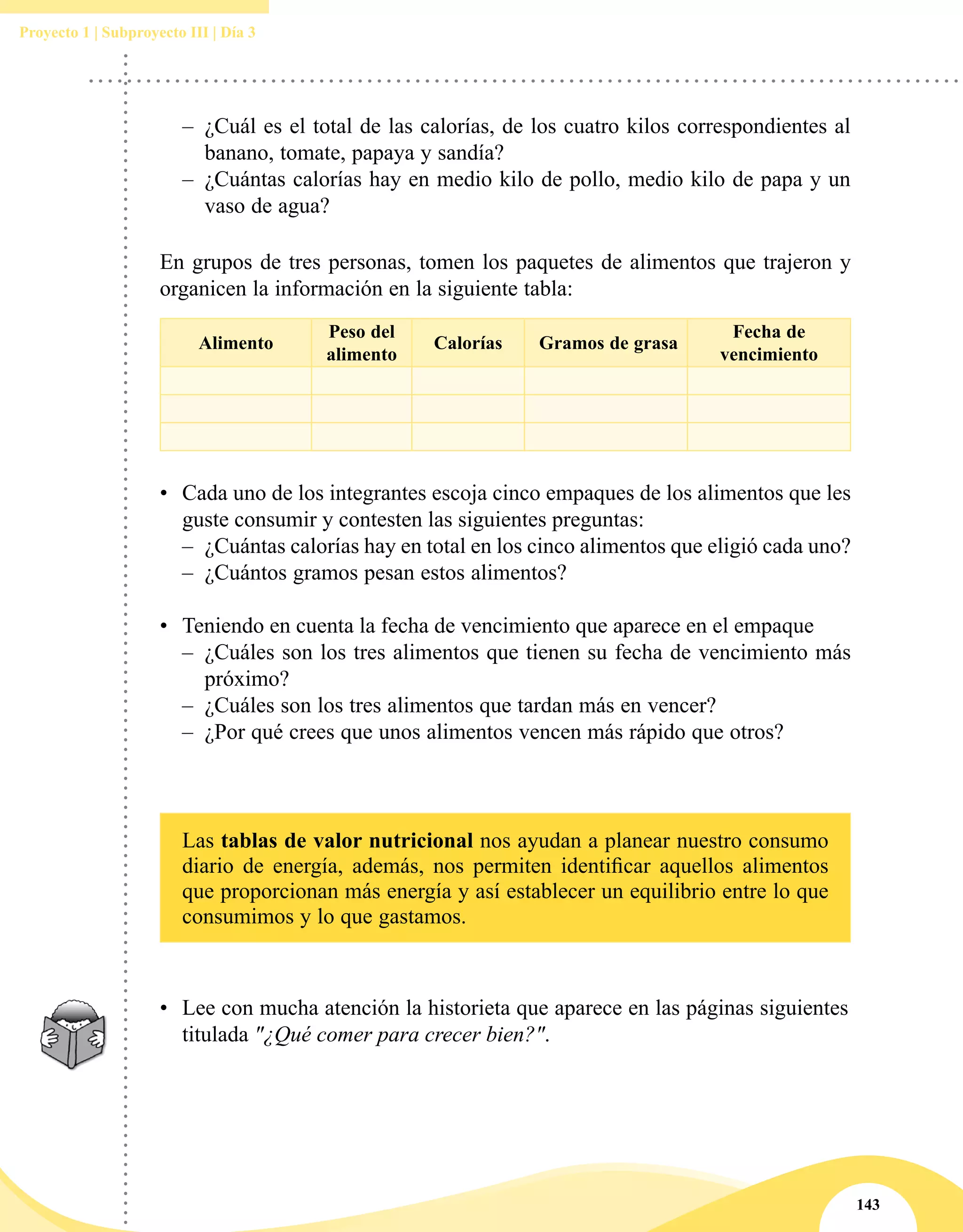 143
Proyecto 1 | Subproyecto III | Día 3
–– ¿Cuál es el total de las calorías, de los cuatro kilos correspondientes al
banano, tomate, papaya y sandía?
–– ¿Cuántas calorías hay en medio kilo de pollo, medio kilo de papa y un
vaso de agua?
•	 Lee con mucha atención la historieta que aparece en las páginas siguientes
titulada "¿Qué comer para crecer bien?".
En grupos de tres personas, tomen los paquetes de alimentos que trajeron y
organicen la información en la siguiente tabla:
Alimento
Peso del
alimento
Calorías Gramos de grasa
Fecha de
vencimiento
				
•	 Cada uno de los integrantes escoja cinco empaques de los alimentos que les
guste consumir y contesten las siguientes preguntas:
–– ¿Cuántas calorías hay en total en los cinco alimentos que eligió cada uno?
–– ¿Cuántos gramos pesan estos alimentos?
•	 Teniendo en cuenta la fecha de vencimiento que aparece en el empaque
–– ¿Cuáles son los tres alimentos que tienen su fecha de vencimiento más
próximo?
–– ¿Cuáles son los tres alimentos que tardan más en vencer?
–– ¿Por qué crees que unos alimentos vencen más rápido que otros?
Las tablas de valor nutricional nos ayudan a planear nuestro consumo
diario de energía, además, nos permiten identificar aquellos alimentos
que proporcionan más energía y así establecer un equilibrio entre lo que
consumimos y lo que gastamos.
 