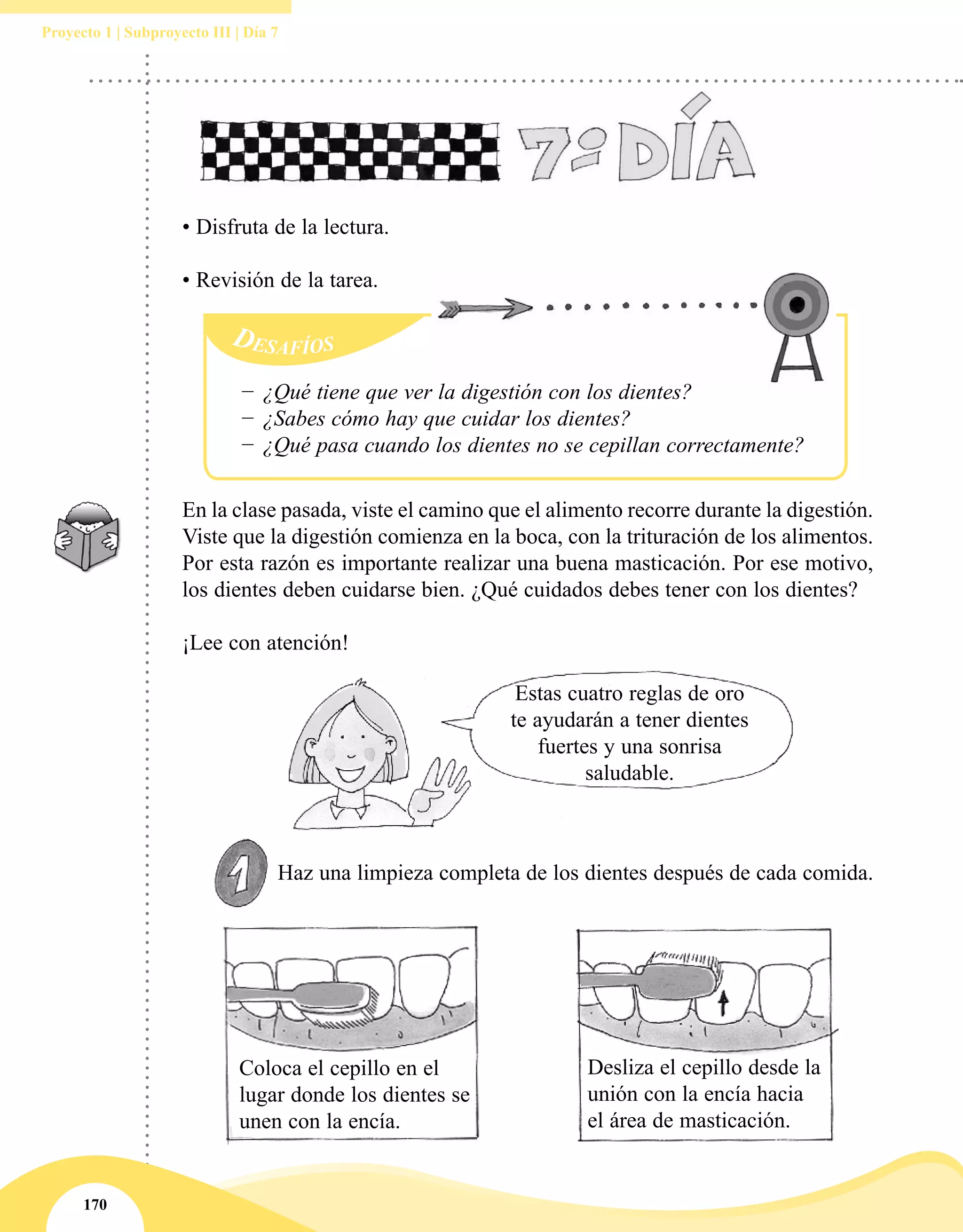 170
Proyecto 1 | Subproyecto III | Día 7
−− ¿Qué tiene que ver la digestión con los dientes?
−− ¿Sabes cómo hay que cuidar los dientes?
−− ¿Qué pasa cuando los dientes no se cepillan correctamente?
• Disfruta de la lectura.
• Revisión de la tarea.
En la clase pasada, viste el camino que el alimento recorre durante la digestión.
Viste que la digestión comienza en la boca, con la trituración de los alimentos.
Por esta razón es importante realizar una buena masticación. Por ese motivo,
los dientes deben cuidarse bien. ¿Qué cuidados debes tener con los dientes?
¡Lee con atención!
Estas cuatro reglas de oro
te ayudarán a tener dientes
fuertes y una sonrisa
saludable.
Haz una limpieza completa de los dientes después de cada comida.
Coloca el cepillo en el
lugar donde los dientes se
unen con la encía.
Desliza el cepillo desde la
unión con la encía hacia
el área de masticación.
 
