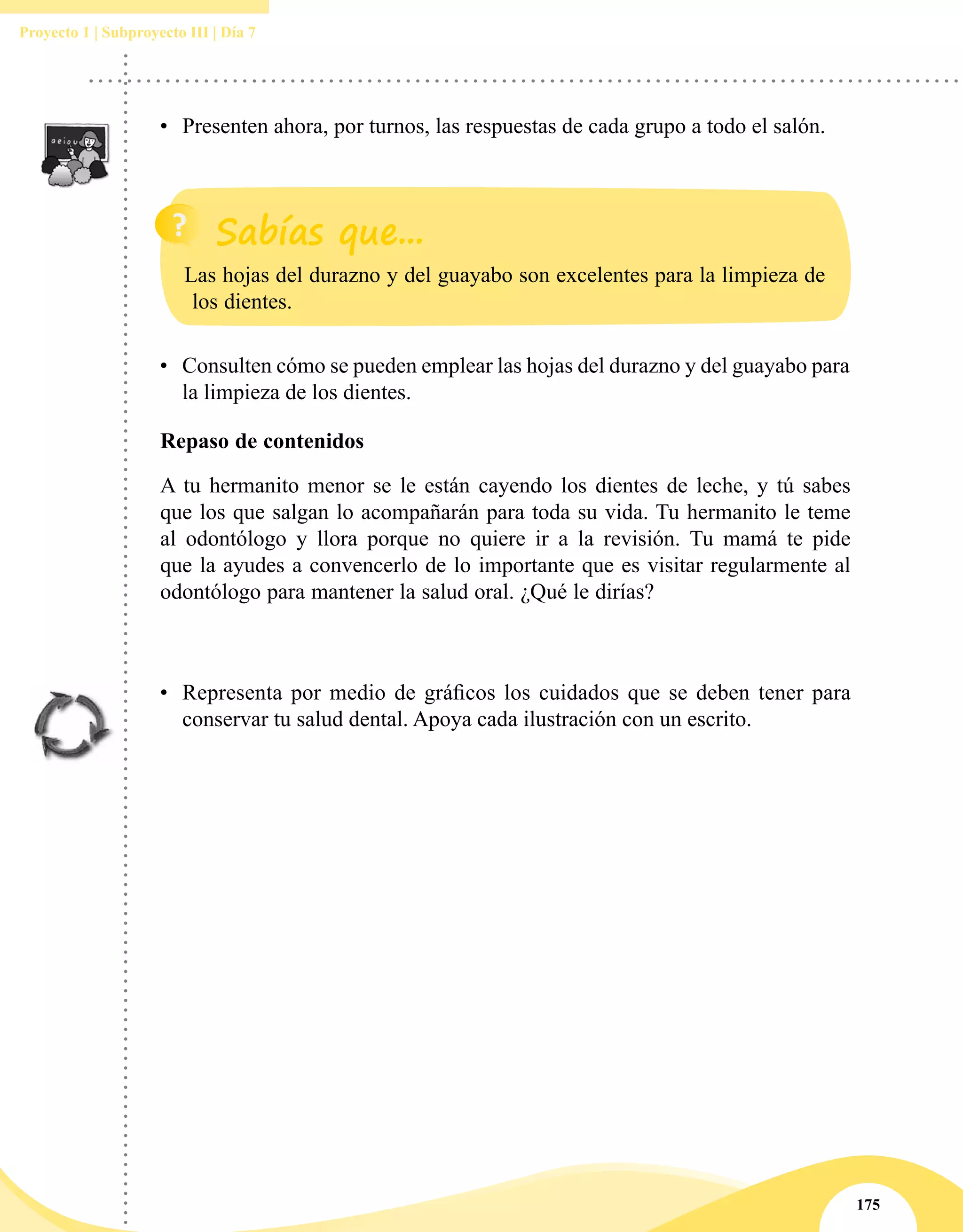 175
Proyecto 1 | Subproyecto III | Día 7
•	 Presenten ahora, por turnos, las respuestas de cada grupo a todo el salón.
•	 Representa por medio de gráficos los cuidados que se deben tener para
conservar tu salud dental. Apoya cada ilustración con un escrito.
Repaso de contenidos
A tu hermanito menor se le están cayendo los dientes de leche, y tú sabes
que los que salgan lo acompañarán para toda su vida. Tu hermanito le teme
al odontólogo y llora porque no quiere ir a la revisión. Tu mamá te pide
que la ayudes a convencerlo de lo importante que es visitar regularmente al
odontólogo para mantener la salud oral. ¿Qué le dirías?
Las hojas del durazno y del guayabo son excelentes para la limpieza de
los dientes.
•	 Consulten cómo se pueden emplear las hojas del durazno y del guayabo para
la limpieza de los dientes.
 