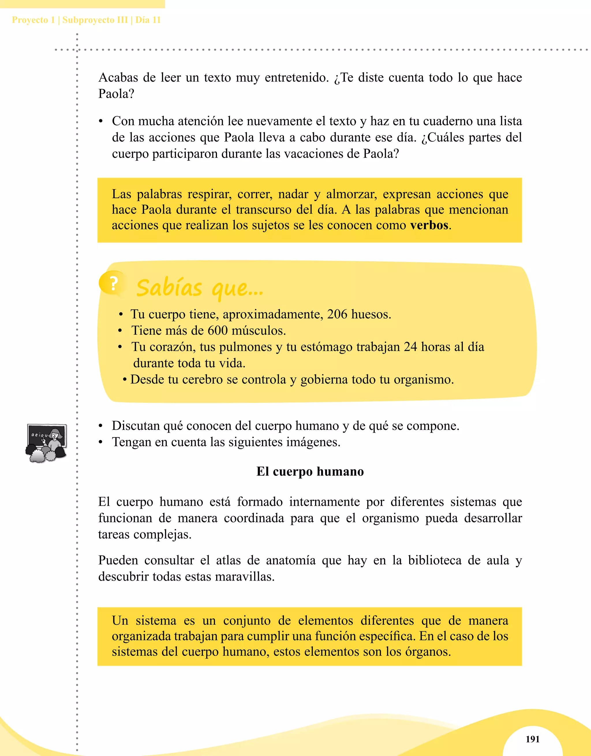 191
Proyecto 1 | Subproyecto III | Día 11
Las palabras respirar, correr, nadar y almorzar, expresan acciones que
hace Paola durante el transcurso del día. A las palabras que mencionan
acciones que realizan los sujetos se les conocen como verbos.
Un sistema es un conjunto de elementos diferentes que de manera
organizada trabajan para cumplir una función específica. En el caso de los
sistemas del cuerpo humano, estos elementos son los órganos.
•	 Discutan qué conocen del cuerpo humano y de qué se compone.
•	 Tengan en cuenta las siguientes imágenes.
El cuerpo humano
El cuerpo humano está formado internamente por diferentes sistemas que
funcionan de manera coordinada para que el organismo pueda desarrollar
tareas complejas.
Pueden consultar el atlas de anatomía que hay en la biblioteca de aula y
descubrir todas estas maravillas.
Acabas de leer un texto muy entretenido. ¿Te diste cuenta todo lo que hace
Paola?
•	 Con mucha atención lee nuevamente el texto y haz en tu cuaderno una lista
de las acciones que Paola lleva a cabo durante ese día. ¿Cuáles partes del
cuerpo participaron durante las vacaciones de Paola?
•	 Tu cuerpo tiene, aproximadamente, 206 huesos.
•	 Tiene más de 600 músculos.
•	 Tu corazón, tus pulmones y tu estómago trabajan 24 horas al día
durante toda tu vida.
•	Desde tu cerebro se controla y gobierna todo tu organismo.
 