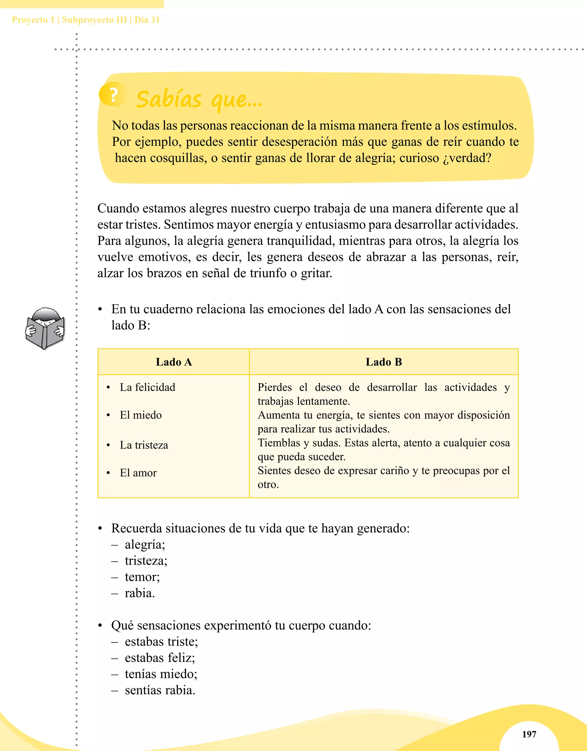 197
Proyecto 1 | Subproyecto III | Día 11
Cuando estamos alegres nuestro cuerpo trabaja de una manera diferente que al
estar tristes. Sentimos mayor energía y entusiasmo para desarrollar actividades.
Para algunos, la alegría genera tranquilidad, mientras para otros, la alegría los
vuelve emotivos, es decir, les genera deseos de abrazar a las personas, reír,
alzar los brazos en señal de triunfo o gritar.
•	 En tu cuaderno relaciona las emociones del lado A con las sensaciones del
lado B:
Lado A Lado B
•	 La felicidad
•	 El miedo
•	 La tristeza
•	 El amor
Pierdes el deseo de desarrollar las actividades y
trabajas lentamente. 
Aumenta tu energía, te sientes con mayor disposición
para realizar tus actividades.
Tiemblas y sudas. Estas alerta, atento a cualquier cosa
que pueda suceder.
Sientes deseo de expresar cariño y te preocupas por el
otro.
No todas las personas reaccionan de la misma manera frente a los estímulos.
Por ejemplo, puedes sentir desesperación más que ganas de reír cuando te
hacen cosquillas, o sentir ganas de llorar de alegría; curioso ¿verdad?
•	 Recuerda situaciones de tu vida que te hayan generado:
–– alegría;
–– tristeza;
–– temor;
–– rabia. 
•	 Qué sensaciones experimentó tu cuerpo cuando:
–– estabas triste;
–– estabas feliz;
–– tenías miedo;
–– sentías rabia.
 