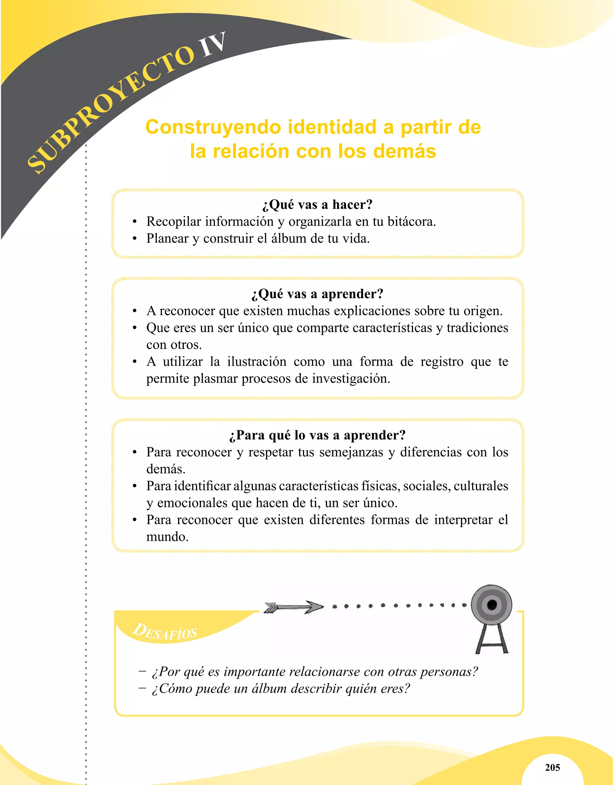 205
Construyendo identidad a partir de
la relación con los demás
¿Qué vas a hacer?
•	 Recopilar información y organizarla en tu bitácora.
•	 Planear y construir el álbum de tu vida.
¿Qué vas a aprender?
•	 A reconocer que existen muchas explicaciones sobre tu origen.
•	 Que eres un ser único que comparte características y tradiciones
con otros.
•	 A utilizar la ilustración como una forma de registro que te
permite plasmar procesos de investigación.
¿Para qué lo vas a aprender?
•	 Para reconocer y respetar tus semejanzas y diferencias con los
demás.
•	 Para identificar algunas características físicas, sociales, culturales
y emocionales que hacen de ti, un ser único.
•	 Para reconocer que existen diferentes formas de interpretar el
mundo.
−− ¿Por qué es importante relacionarse con otras personas?
−− ¿Cómo puede un álbum describir quién eres?
 