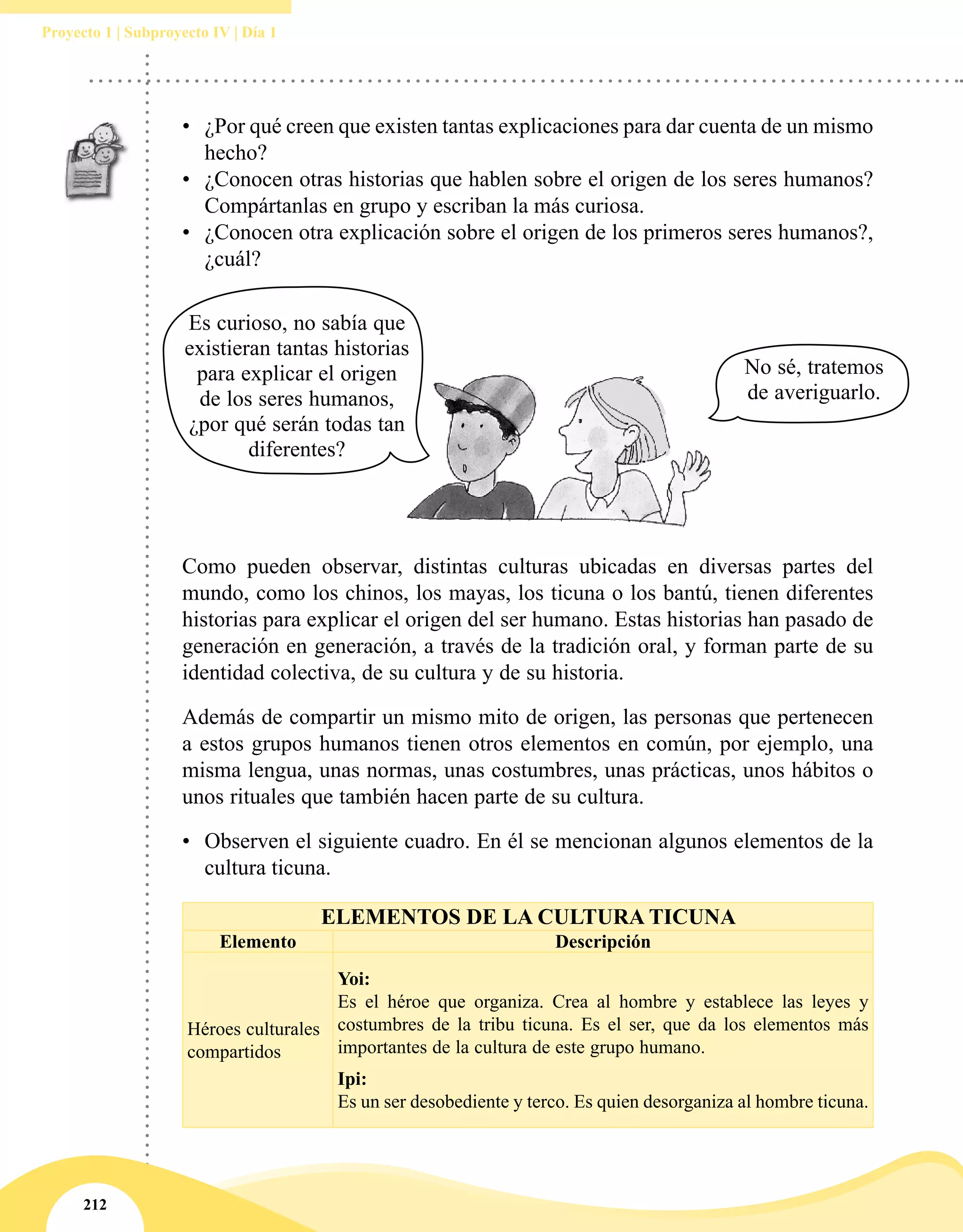 212
Proyecto 1 | Subproyecto IV | Día 1
•	 ¿Por qué creen que existen tantas explicaciones para dar cuenta de un mismo
hecho?
•	 ¿Conocen otras historias que hablen sobre el origen de los seres humanos?
Compártanlas en grupo y escriban la más curiosa.
•	 ¿Conocen otra explicación sobre el origen de los primeros seres humanos?,
¿cuál?
Es curioso, no sabía que
existieran tantas historias
para explicar el origen
de los seres humanos,
¿por qué serán todas tan
diferentes?
No sé, tratemos
de averiguarlo.
Como pueden observar, distintas culturas ubicadas en diversas partes del
mundo, como los chinos, los mayas, los ticuna o los bantú, tienen diferentes
historias para explicar el origen del ser humano. Estas historias han pasado de
generación en generación, a través de la tradición oral, y forman parte de su
identidad colectiva, de su cultura y de su historia.
Además de compartir un mismo mito de origen, las personas que pertenecen
a estos grupos humanos tienen otros elementos en común, por ejemplo, una
misma lengua, unas normas, unas costumbres, unas prácticas, unos hábitos o
unos rituales que también hacen parte de su cultura.
•	 Observen el siguiente cuadro. En él se mencionan algunos elementos de la
cultura ticuna.
ELEMENTOS DE LA CULTURA TICUNA
Elemento Descripción
Héroes culturales
compartidos
Yoi:
Es el héroe que organiza. Crea al hombre y establece las leyes y
costumbres de la tribu ticuna. Es el ser, que da los elementos más
importantes de la cultura de este grupo humano.
Ipi:
Es un ser desobediente y terco. Es quien desorganiza al hombre ticuna.
 