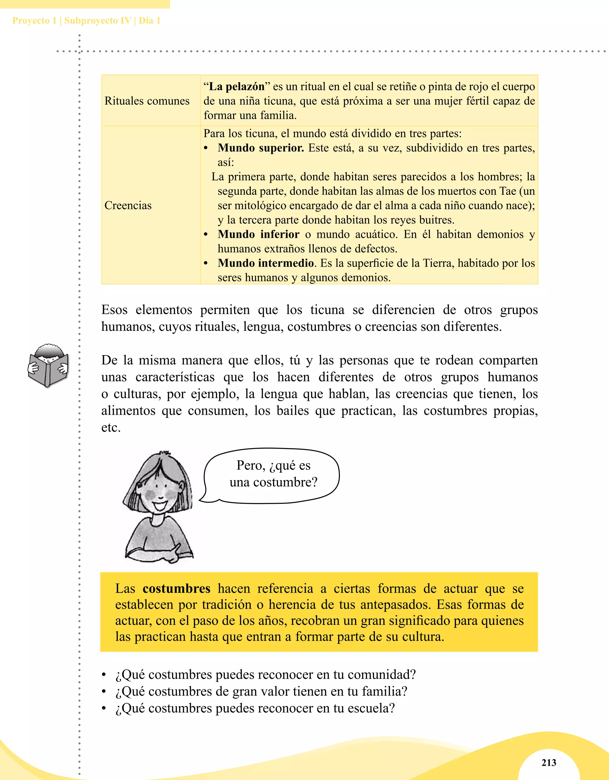 213
Proyecto 1 | Subproyecto IV | Día 1
Rituales comunes
“La pelazón” es un ritual en el cual se retiñe o pinta de rojo el cuerpo
de una niña ticuna, que está próxima a ser una mujer fértil capaz de
formar una familia.
Creencias
Para los ticuna, el mundo está dividido en tres partes:
•	 Mundo superior. Este está, a su vez, subdividido en tres partes,
así:
La primera parte, donde habitan seres parecidos a los hombres; la
segunda parte, donde habitan las almas de los muertos con Tae (un
ser mitológico encargado de dar el alma a cada niño cuando nace);
y la tercera parte donde habitan los reyes buitres.
•	 Mundo inferior o mundo acuático. En él habitan demonios y
humanos extraños llenos de defectos.
•	 Mundo intermedio. Es la superficie de la Tierra, habitado por los
seres humanos y algunos demonios.
Esos elementos permiten que los ticuna se diferencien de otros grupos
humanos, cuyos rituales, lengua, costumbres o creencias son diferentes.
De la misma manera que ellos, tú y las personas que te rodean comparten
unas características que los hacen diferentes de otros grupos humanos
o culturas, por ejemplo, la lengua que hablan, las creencias que tienen, los
alimentos que consumen, los bailes que practican, las costumbres propias,
etc.
Pero, ¿qué es
una costumbre?
Las costumbres hacen referencia a ciertas formas de actuar que se
establecen por tradición o herencia de tus antepasados. Esas formas de
actuar, con el paso de los años, recobran un gran significado para quienes
las practican hasta que entran a formar parte de su cultura.
•	 ¿Qué costumbres puedes reconocer en tu comunidad?
•	 ¿Qué costumbres de gran valor tienen en tu familia?
•	 ¿Qué costumbres puedes reconocer en tu escuela?
 