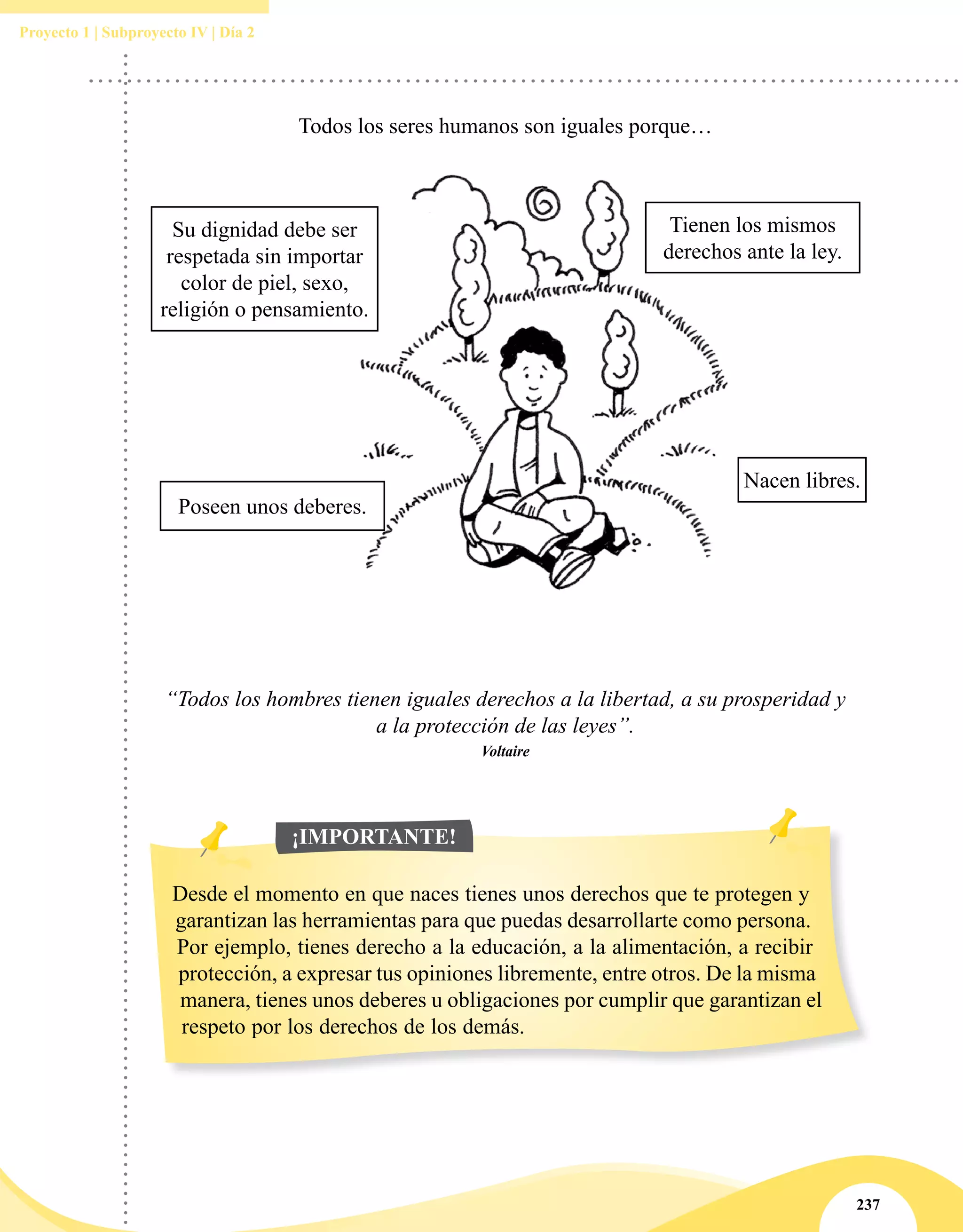 237
Proyecto 1 | Subproyecto IV | Día 2
Todos los seres humanos son iguales porque…
Poseen unos deberes.
Nacen libres.
Su dignidad debe ser
respetada sin importar
color de piel, sexo,
religión o pensamiento.
Tienen los mismos
derechos ante la ley.
“Todos los hombres tienen iguales derechos a la libertad, a su prosperidad y
a la protección de las leyes”.
Voltaire
Desde el momento en que naces tienes unos derechos que te protegen y
garantizan las herramientas para que puedas desarrollarte como persona.
Por ejemplo, tienes derecho a la educación, a la alimentación, a recibir
protección, a expresar tus opiniones libremente, entre otros. De la misma
manera, tienes unos deberes u obligaciones por cumplir que garantizan el
respeto por los derechos de los demás.
¡IMPORTANTE!
 