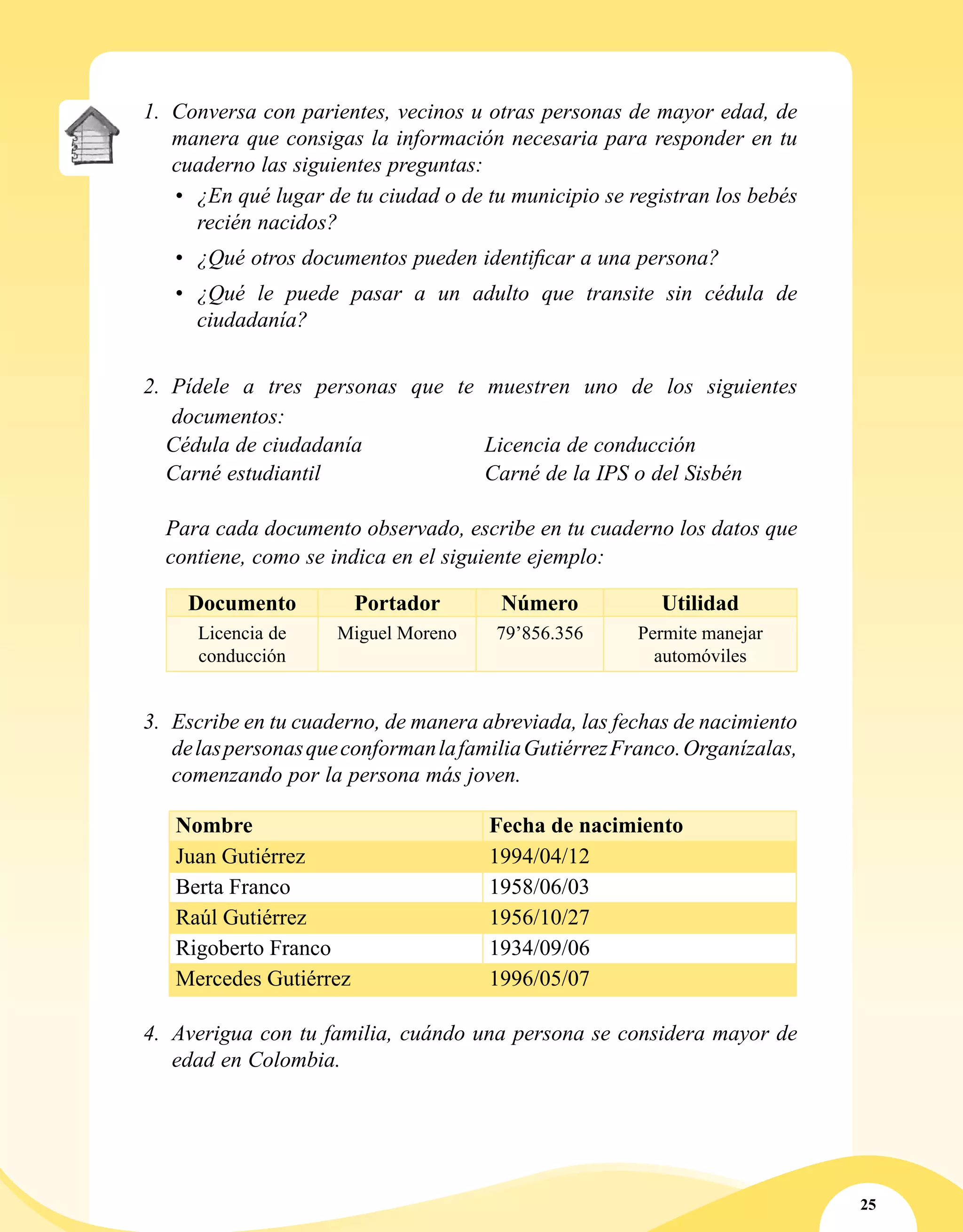 25
3.	 Escribe en tu cuaderno, de manera abreviada, las fechas de nacimiento
delaspersonasqueconformanlafamiliaGutiérrezFranco.Organízalas,
comenzando por la persona más joven.
1.	 Conversa con parientes, vecinos u otras personas de mayor edad, de
manera que consigas la información necesaria para responder en tu
cuaderno las siguientes preguntas:
•	 ¿En qué lugar de tu ciudad o de tu municipio se registran los bebés
recién nacidos?
•	 	¿Qué otros documentos pueden identificar a una persona?
•	 ¿Qué le puede pasar a un adulto que transite sin cédula de
ciudadanía?
2.	 Pídele a tres personas que te muestren uno de los siguientes
documentos:
	 Cédula de ciudadanía			 Licencia de conducción
	 Carné estudiantil			 Carné de la IPS o del Sisbén
	 Para cada documento observado, escribe en tu cuaderno los datos que
contiene, como se indica en el siguiente ejemplo:
Nombre Fecha de nacimiento
Juan Gutiérrez 1994/04/12
Berta Franco 1958/06/03
Raúl Gutiérrez 1956/10/27
Rigoberto Franco 1934/09/06
Mercedes Gutiérrez 1996/05/07
4.	 Averigua con tu familia, cuándo una persona se considera mayor de
edad en Colombia.
Documento Portador Número Utilidad
Licencia de
conducción
Miguel Moreno 79’856.356 Permite manejar
automóviles
 