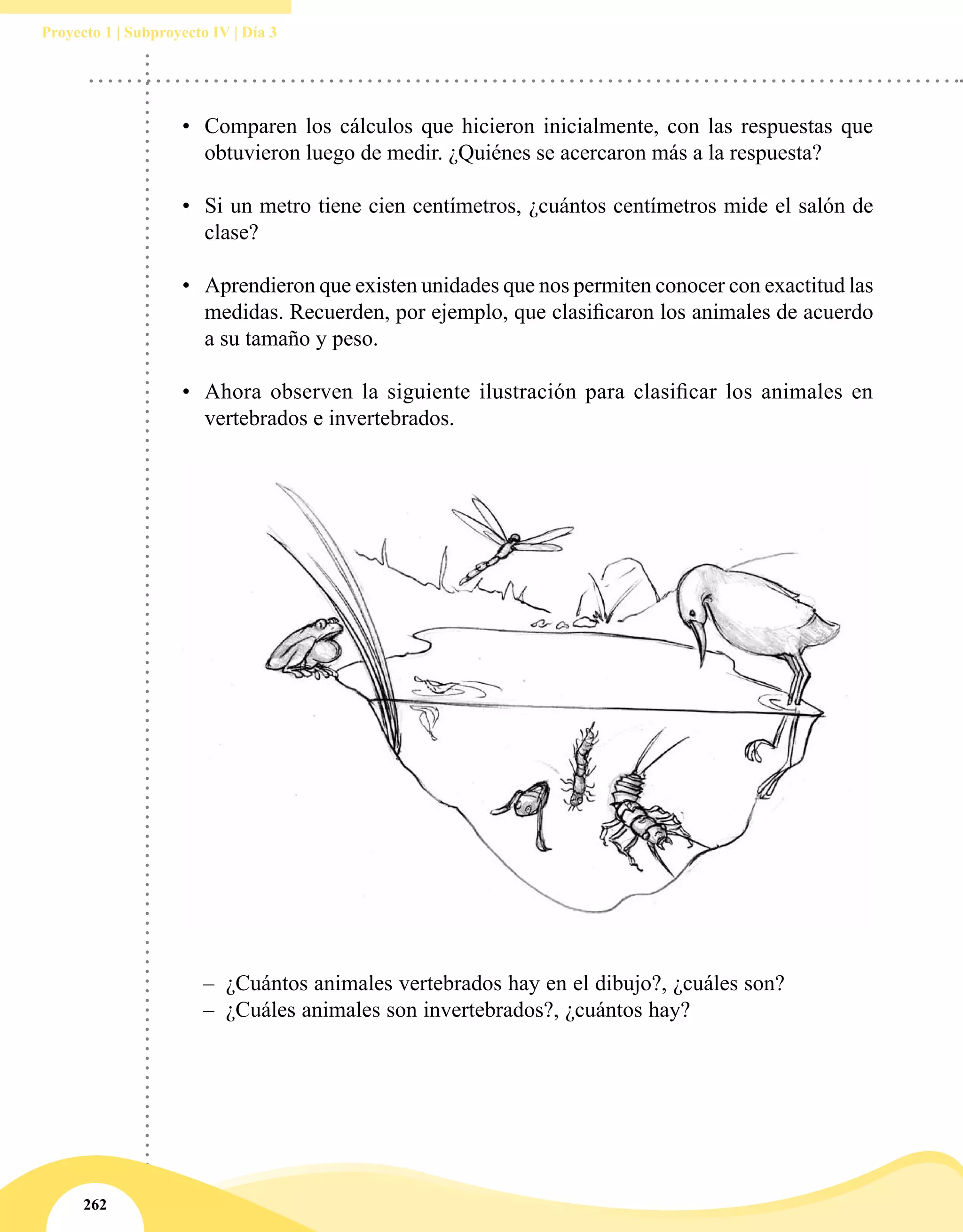262
Proyecto 1 | Subproyecto IV | Día 3
•	 Comparen los cálculos que hicieron inicialmente, con las respuestas que
obtuvieron luego de medir. ¿Quiénes se acercaron más a la respuesta?
•	 Si un metro tiene cien centímetros, ¿cuántos centímetros mide el salón de
clase?
•	 Aprendieron que existen unidades que nos permiten conocer con exactitud las
medidas. Recuerden, por ejemplo, que clasificaron los animales de acuerdo
a su tamaño y peso.
•	 Ahora observen la siguiente ilustración para clasificar los animales en
vertebrados e invertebrados.
–– ¿Cuántos animales vertebrados hay en el dibujo?, ¿cuáles son?
–– ¿Cuáles animales son invertebrados?, ¿cuántos hay?
 