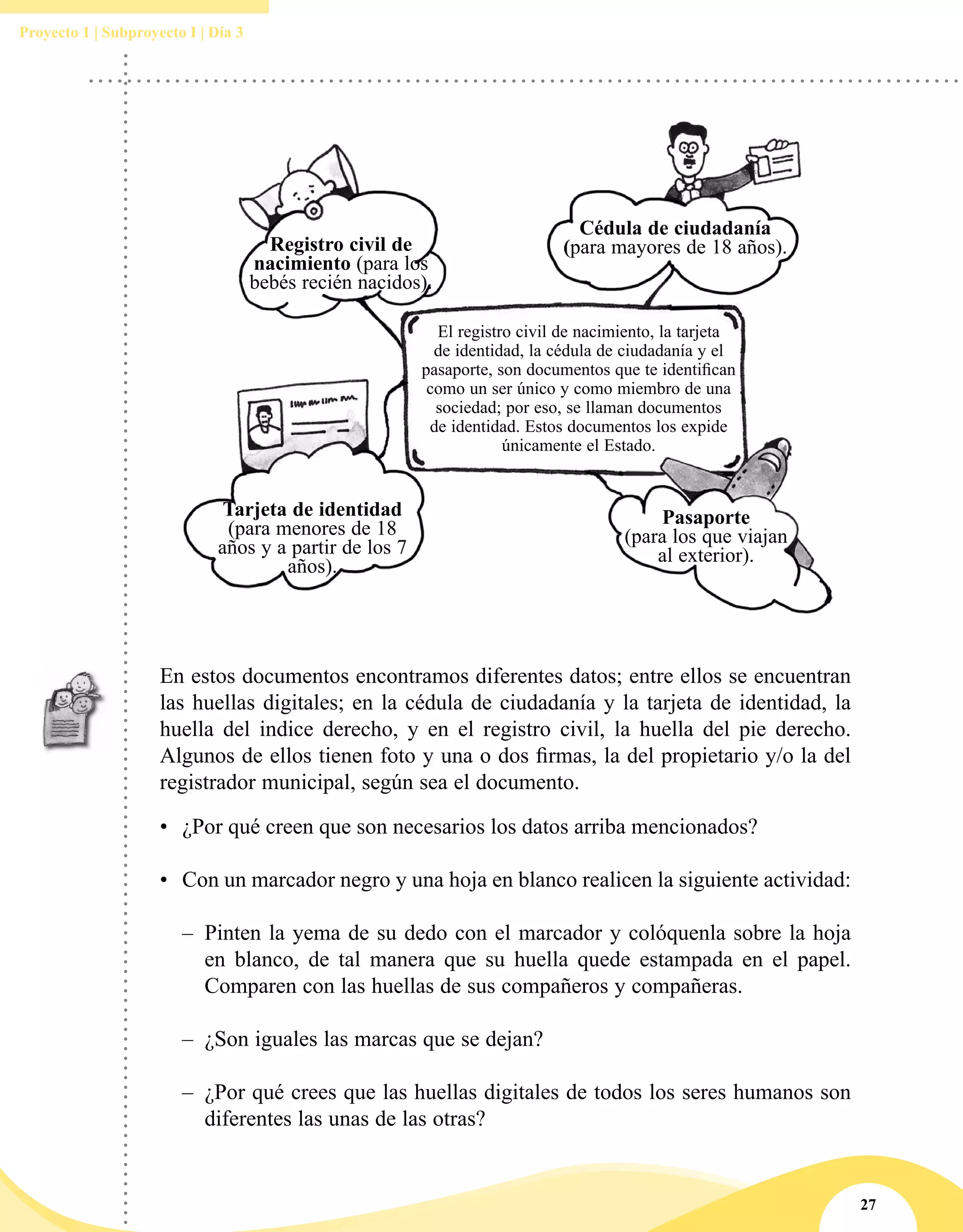 27
Proyecto 1 | Subproyecto I | Día 3
Registro civil de
nacimiento (para los
bebés recién nacidos).
Pasaporte
(para los que viajan
al exterior).
Cédula de ciudadanía
(para mayores de 18 años).
El registro civil de nacimiento, la tarjeta
de identidad, la cédula de ciudadanía y el
pasaporte, son documentos que te identifican
como un ser único y como miembro de una
sociedad; por eso, se llaman documentos
de identidad. Estos documentos los expide
únicamente el Estado.
Tarjeta de identidad
(para menores de 18
años y a partir de los 7
años).
En estos documentos encontramos diferentes datos; entre ellos se encuentran
las huellas digitales; en la cédula de ciudadanía y la tarjeta de identidad, la
huella del indice derecho, y en el registro civil, la huella del pie derecho.
Algunos de ellos tienen foto y una o dos firmas, la del propietario y/o la del
registrador municipal, según sea el documento.
•	 ¿Por qué creen que son necesarios los datos arriba mencionados?
•	 Con un marcador negro y una hoja en blanco realicen la siguiente actividad:
–– Pinten la yema de su dedo con el marcador y colóquenla sobre la hoja
en blanco, de tal manera que su huella quede estampada en el papel.
Comparen con las huellas de sus compañeros y compañeras.
–– ¿Son iguales las marcas que se dejan?
–– ¿Por qué crees que las huellas digitales de todos los seres humanos son
diferentes las unas de las otras?
 