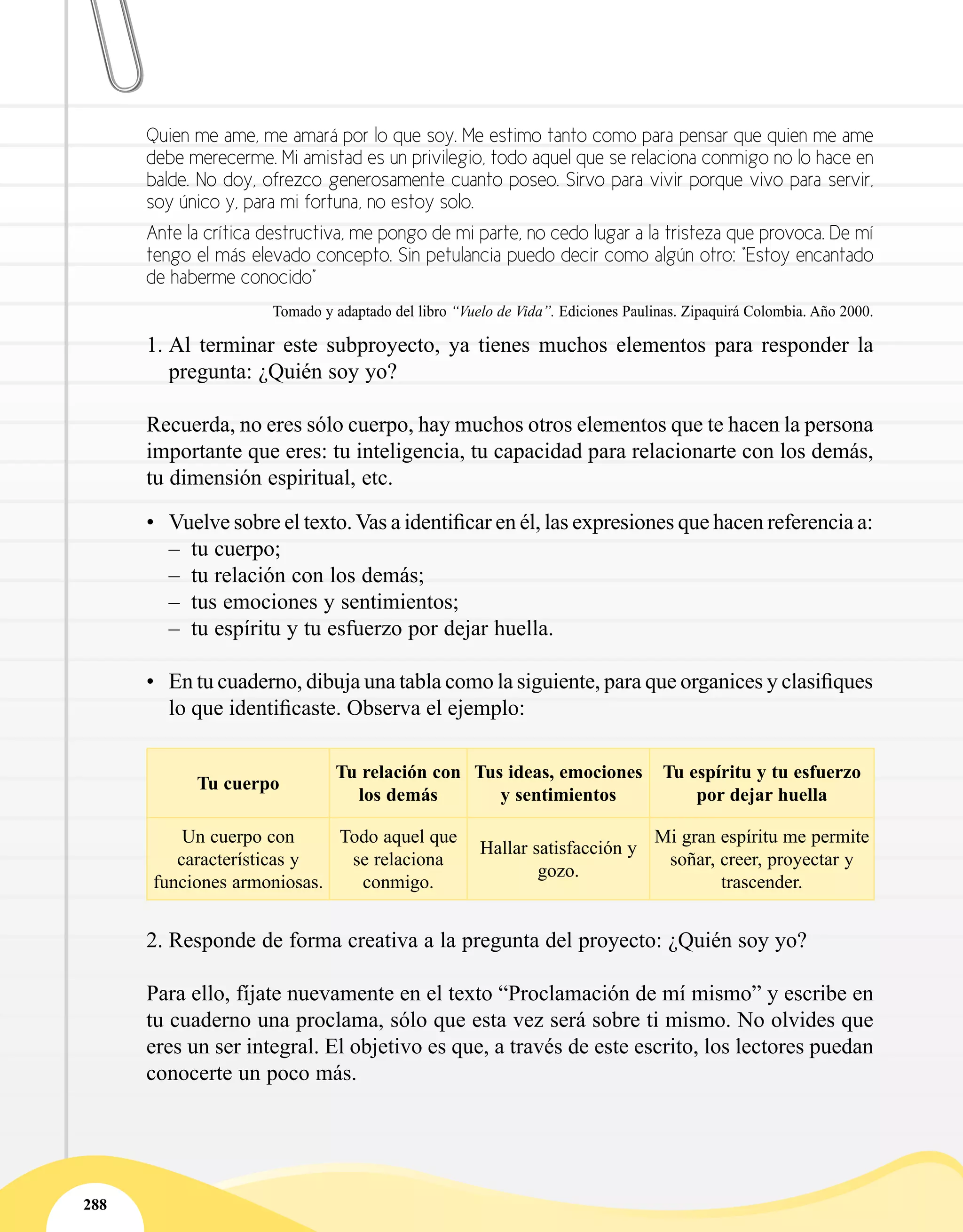 288
Quien me ame, me amará por lo que soy. Me estimo tanto como para pensar que quien me ame
debe merecerme. Mi amistad es un privilegio, todo aquel que se relaciona conmigo no lo hace en
balde. No doy, ofrezco generosamente cuanto poseo. Sirvo para vivir porque vivo para servir,
soy único y, para mi fortuna, no estoy solo.
Ante la crítica destructiva, me pongo de mi parte, no cedo lugar a la tristeza que provoca. De mí
tengo el más elevado concepto. Sin petulancia puedo decir como algún otro: “Estoy encantado
de haberme conocido”
Tomado y adaptado del libro “Vuelo de Vida”. Ediciones Paulinas. Zipaquirá Colombia. Año 2000.
1.	Al terminar este subproyecto, ya tienes muchos elementos para responder la
pregunta: ¿Quién soy yo?
Recuerda, no eres sólo cuerpo, hay muchos otros elementos que te hacen la persona
importante que eres: tu inteligencia, tu capacidad para relacionarte con los demás,
tu dimensión espiritual, etc.
•	 Vuelve sobre el texto.Vas a identificar en él, las expresiones que hacen referencia a:
–– tu cuerpo;
–– tu relación con los demás;
–– tus emociones y sentimientos;
–– tu espíritu y tu esfuerzo por dejar huella.
•	 En tu cuaderno, dibuja una tabla como la siguiente, para que organices y clasifiques
lo que identificaste. Observa el ejemplo:
Tu cuerpo
Tu relación con
los demás
Tus ideas, emociones
y sentimientos
Tu espíritu y tu esfuerzo
por dejar huella
Un cuerpo con
características y
funciones armoniosas.
Todo aquel que
se relaciona
conmigo.
Hallar satisfacción y
gozo.
Mi gran espíritu me permite
soñar, creer, proyectar y
trascender.
2.	Responde de forma creativa a la pregunta del proyecto: ¿Quién soy yo?
Para ello, fíjate nuevamente en el texto “Proclamación de mí mismo” y escribe en
tu cuaderno una proclama, sólo que esta vez será sobre ti mismo. No olvides que
eres un ser integral. El objetivo es que, a través de este escrito, los lectores puedan
conocerte un poco más.
 