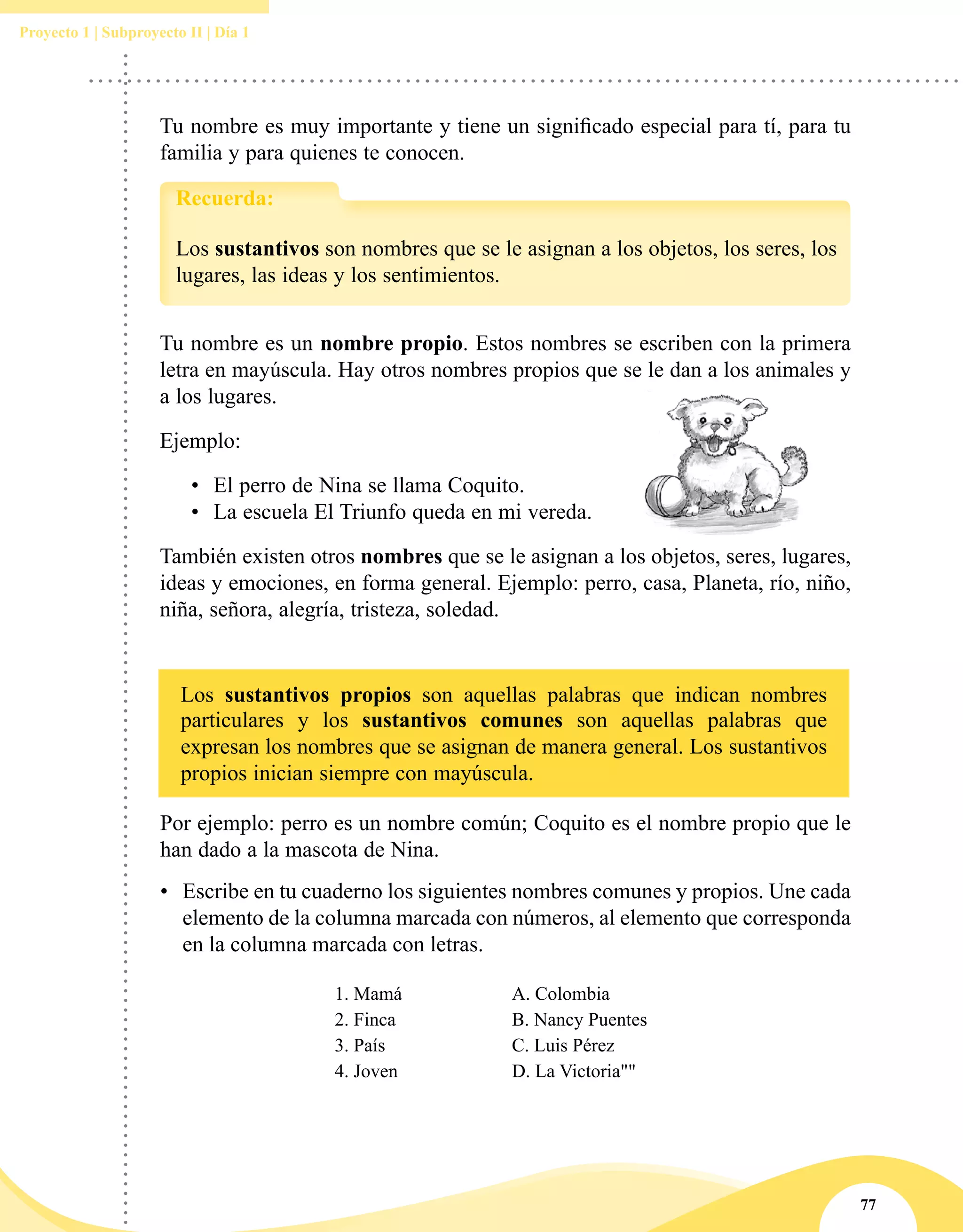 77
Proyecto 1 | Subproyecto II | Día 1
Tu nombre es muy importante y tiene un significado especial para tí, para tu
familia y para quienes te conocen.
Los sustantivos son nombres que se le asignan a los objetos, los seres, los
lugares, las ideas y los sentimientos.
Recuerda:
Tu nombre es un nombre propio. Estos nombres se escriben con la primera
letra en mayúscula. Hay otros nombres propios que se le dan a los animales y
a los lugares.
Ejemplo:
•	 El perro de Nina se llama Coquito.
•	 La escuela El Triunfo queda en mi vereda.
También existen otros nombres que se le asignan a los objetos, seres, lugares,
ideas y emociones, en forma general. Ejemplo: perro, casa, Planeta, río, niño,
niña, señora, alegría, tristeza, soledad.
•	 Escribe en tu cuaderno los siguientes nombres comunes y propios. Une cada
elemento de la columna marcada con números, al elemento que corresponda
en la columna marcada con letras.
1. Mamá A. Colombia
2. Finca B. Nancy Puentes
3. País C. Luis Pérez
4. Joven D. La Victoria""
Los sustantivos propios son aquellas palabras que indican nombres
particulares y los sustantivos comunes son aquellas palabras que
expresan los nombres que se asignan de manera general. Los sustantivos
propios inician siempre con mayúscula.
Por ejemplo: perro es un nombre común; Coquito es el nombre propio que le
han dado a la mascota de Nina.
 