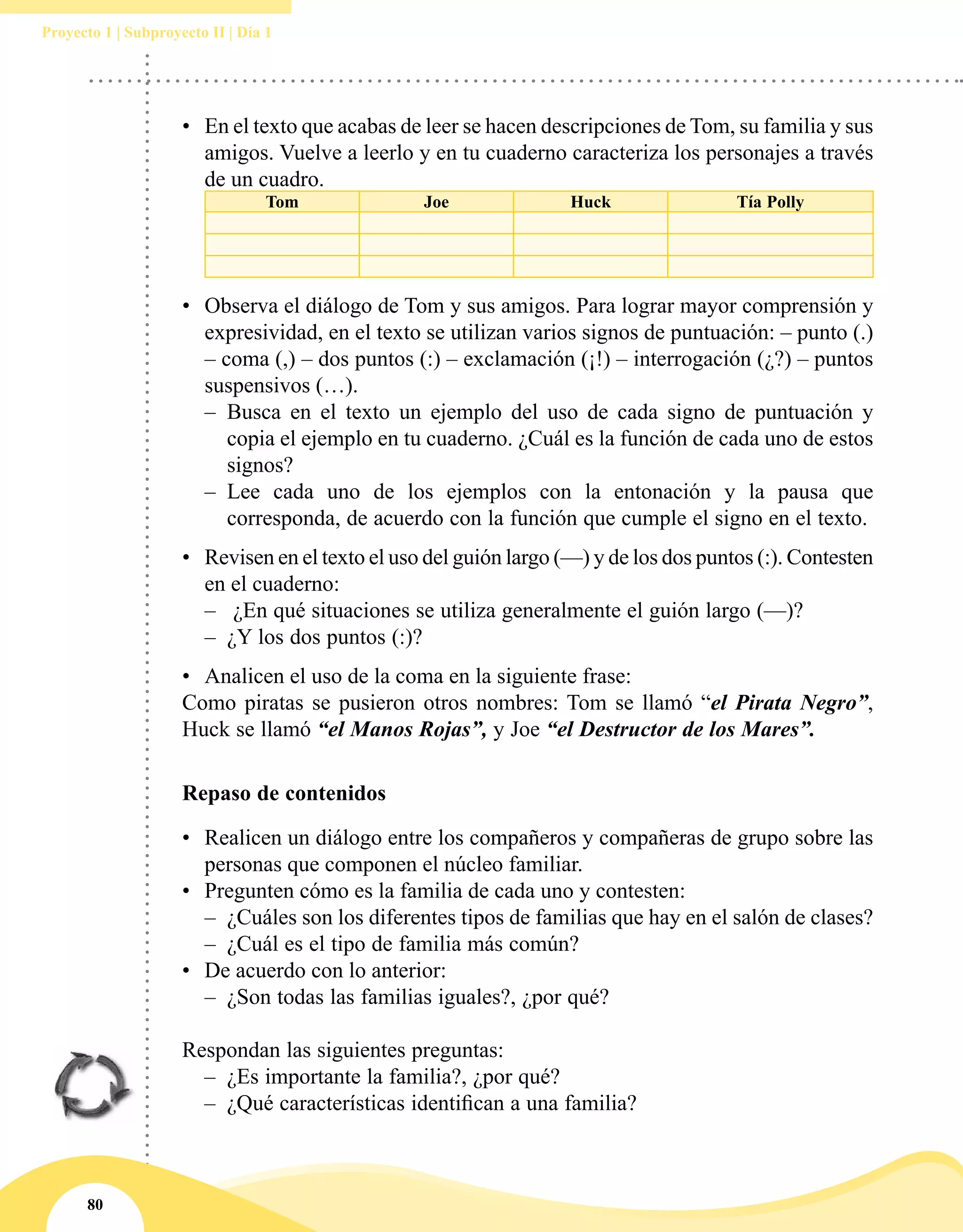 80
Proyecto 1 | Subproyecto II | Día 1
•	 En el texto que acabas de leer se hacen descripciones de Tom, su familia y sus
amigos. Vuelve a leerlo y en tu cuaderno caracteriza los personajes a través
de un cuadro.
Tom Joe Huck Tía Polly
•	 Observa el diálogo de Tom y sus amigos. Para lograr mayor comprensión y
expresividad, en el texto se utilizan varios signos de puntuación: – punto (.)
– coma (,) – dos puntos (:) – exclamación (¡!) – interrogación (¿?) – puntos
suspensivos (…).
–– Busca en el texto un ejemplo del uso de cada signo de puntuación y
copia el ejemplo en tu cuaderno. ¿Cuál es la función de cada uno de estos
signos?
–– Lee cada uno de los ejemplos con la entonación y la pausa que
corresponda, de acuerdo con la función que cumple el signo en el texto.
•	 Revisen en el texto el uso del guión largo (—) y de los dos puntos (:). Contesten
en el cuaderno:
–– ¿En qué situaciones se utiliza generalmente el guión largo (—)?
–– ¿Y los dos puntos (:)?
•	 Analicen el uso de la coma en la siguiente frase:
Como piratas se pusieron otros nombres: Tom se llamó “el Pirata Negro”,
Huck se llamó “el Manos Rojas”, y Joe “el Destructor de los Mares”.
Repaso de contenidos
•	 Realicen un diálogo entre los compañeros y compañeras de grupo sobre las
personas que componen el núcleo familiar.
•	 Pregunten cómo es la familia de cada uno y contesten:
–– ¿Cuáles son los diferentes tipos de familias que hay en el salón de clases?
–– ¿Cuál es el tipo de familia más común?
•	 De acuerdo con lo anterior:
–– ¿Son todas las familias iguales?, ¿por qué?
Respondan las siguientes preguntas:
–– ¿Es importante la familia?, ¿por qué?
–– ¿Qué características identifican a una familia?
 