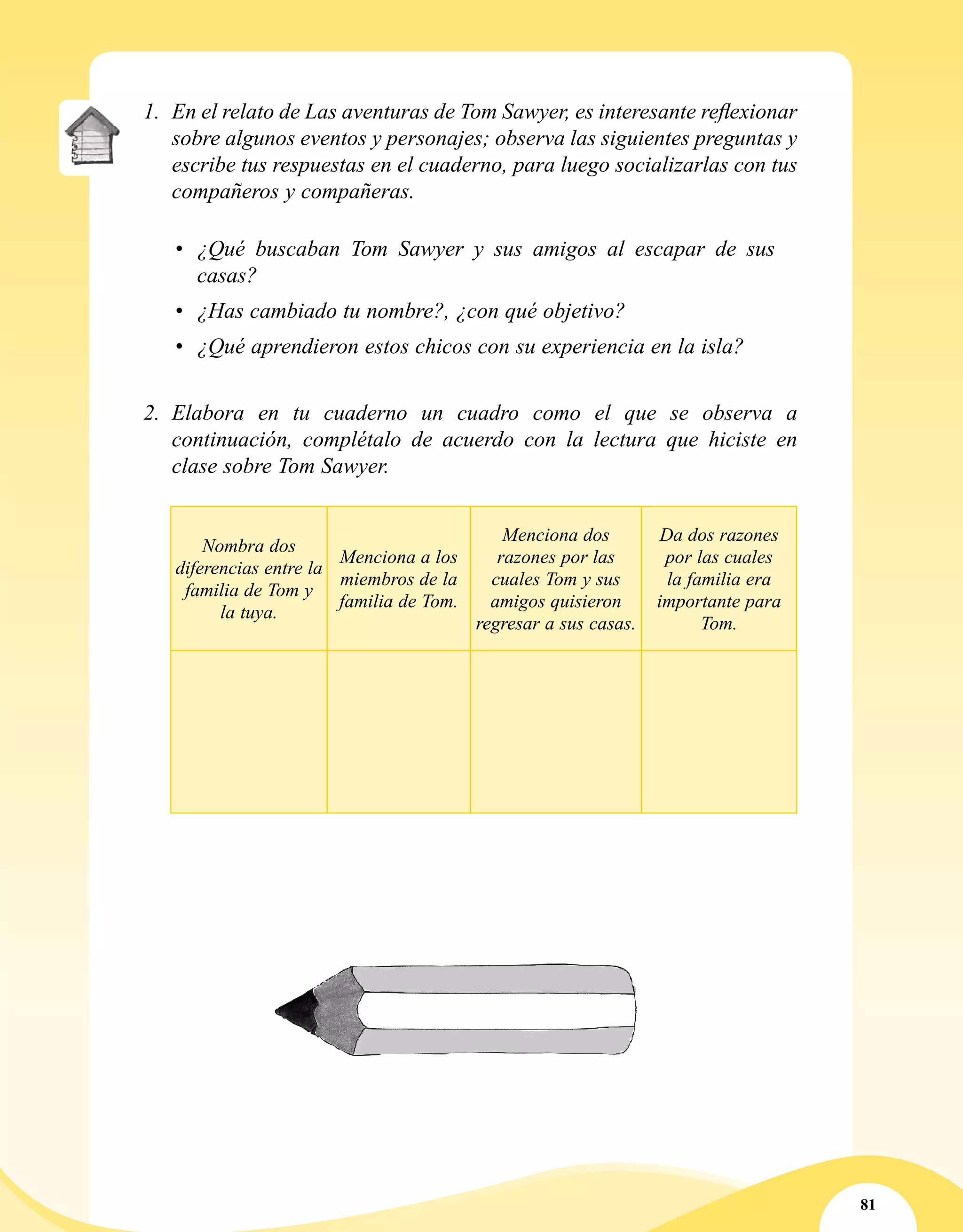 81
1.	 En el relato de Las aventuras de Tom Sawyer, es interesante reflexionar
sobre algunos eventos y personajes; observa las siguientes preguntas y
escribe tus respuestas en el cuaderno, para luego socializarlas con tus
compañeros y compañeras.
•	 ¿Qué buscaban Tom Sawyer y sus amigos al escapar de sus
casas?
•	 ¿Has cambiado tu nombre?, ¿con qué objetivo?
•	 ¿Qué aprendieron estos chicos con su experiencia en la isla?
2.	 Elabora en tu cuaderno un cuadro como el que se observa a
continuación, complétalo de acuerdo con la lectura que hiciste en
clase sobre Tom Sawyer.
Nombra dos
diferencias entre la
familia de Tom y
la tuya.
Menciona a los
miembros de la
familia de Tom.
Menciona dos
razones por las
cuales Tom y sus
amigos quisieron
regresar a sus casas.
Da dos razones
por las cuales
la familia era
importante para
Tom.
 