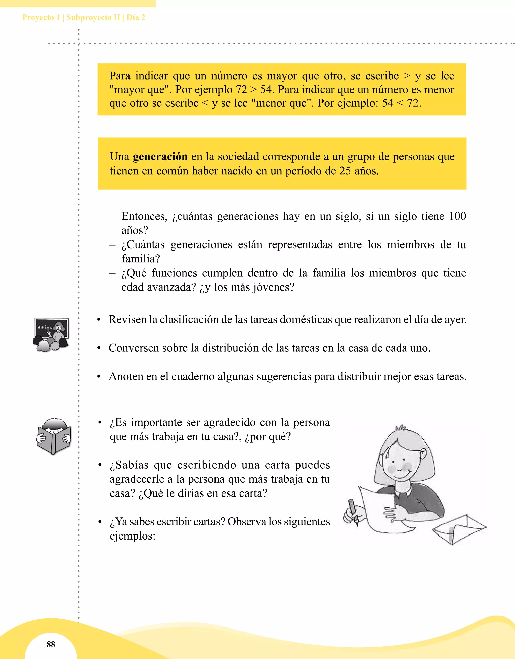 88
Proyecto 1 | Subproyecto II | Día 2
Para indicar que un número es mayor que otro, se escribe > y se lee
"mayor que". Por ejemplo 72 > 54. Para indicar que un número es menor
que otro se escribe < y se lee "menor que". Por ejemplo: 54 < 72.
Una generación en la sociedad corresponde a un grupo de personas que
tienen en común haber nacido en un período de 25 años.
•	 ¿Es importante ser agradecido con la persona
que más trabaja en tu casa?, ¿por qué?
•	 ¿Sabías que escribiendo una carta puedes
agradecerle a la persona que más trabaja en tu
casa? ¿Qué le dirías en esa carta?
•	 ¿Ya sabes escribir cartas? Observa los siguientes
ejemplos:
•	 Revisen la clasificación de las tareas domésticas que realizaron el día de ayer.
•	 Conversen sobre la distribución de las tareas en la casa de cada uno.
•	 Anoten en el cuaderno algunas sugerencias para distribuir mejor esas tareas.
–– Entonces, ¿cuántas generaciones hay en un siglo, si un siglo tiene 100
años?
–– ¿Cuántas generaciones están representadas entre los miembros de tu
familia?
–– ¿Qué funciones cumplen dentro de la familia los miembros que tiene
edad avanzada? ¿y los más jóvenes?
 