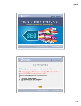 18/4/19
101
@mcielak #redesmoi
TIPOS DE ROI AFECTAN SEO
Diploma superior en Marketing Digital Amercian Andragogy U.
Gabriela Mejia T.
Moises.Cielak.Net
@mcielak #redesmoi
Moises.Cielak.Net
ROI ANTICIPADO
El ROI Anticipado se puede calcular a través de la siguiente fórmula
!
ROI Anticipado: ingresos obtenidos sin una campaña de SEO-Coste estimado del
proyecto de SEO)/Coste estimado del proyecto de SEO
!
Antes de calcular el ROI anticipado, necesitas tres cosas:
!
• Promedio de visitas mensuales.
• Tasa de conversión del sitio o ecommerce.
• Valor de conversión o venta promedio.
Gabriela Mejia T.
120
 