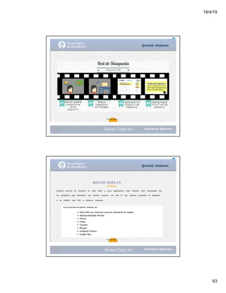 18/4/19
63
@mcielak #redesmoi
56
Gabriela Mejia T.
Moises.Cielak.Net
@mcielak #redesmoi
RED DE DISPLAY
GOOGLE
Nuestro			 anuncio			 se			 mostrará			 en			 sitios			 Web			 o			 otras			 aplicaciones			 cuya			 temática			 esté			 relacionada			 con			
los			 productos			 que			 ofrecemos			 con			 nuestro			 anuncio,			 con			 ello			 lo			 que			 estamos			 haciendo			 es			 dirigirnos			
a			 un			 público			 más			 afín			 a			 nuestros			 intereses.			
57
Gabriela Mejia T.
Moises.Cielak.Net
 