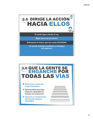 18/4/19
8
2.0 DIRIGE LA ACCIÓN
HACIA ELLOS
El email sigue siendo el rey
Bajar barreras al mínimo
Enfocarse en hacer que las cosas SUCEDAN
La acción entrega resultados y consigue
los objetivos
3.0 QUE LA GENTE SE
ENGANCHE POR
TODAS LAS VÍAS
Diferentes niveles de
enganchamiento
Oportunidad para que
hasta los apoyadores
furtivos se involucren
Impulsar el compromiso
ofreciendo mejores
VALORES
 