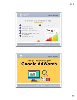 18/4/19
82
Remarketing			 Standar
Remarketing			 Dinamico
Remarketing			 para			 Aplicaciones			
Moviles
Listas			 para			 anuncios			 en			 la			 red			
de			 busquedas
Remarketing			 de			 Video
Remarketing			 por			 listas			 de			
distribucion1
2
3
4
5
6
@mcielak #redesmoi
METODOS DE REMARKETING EN
GOOGLE ADS
81
Gabriela Mejia T.
Moises.Cielak.Net
@mcielak #redesmoi
Gabriela Mejia T.
Moises.Cielak.Net
 