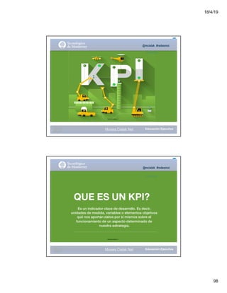 18/4/19
98
@mcielak #redesmoi
@JohnSmith
Gabriela Mejia T.
Moises.Cielak.Net
@mcielak #redesmoi
@JohnSmith
QUE ES UN KPI?
Es un indicador clave de desarrollo. Es decir,
unidades de medida, variables o elementos objetivos
qué nos aportan datos por sí mismos sobre el
funcionamiento de un aspecto determinado de
nuestra estrategia.
Gabriela Mejia T.
Moises.Cielak.Net
 