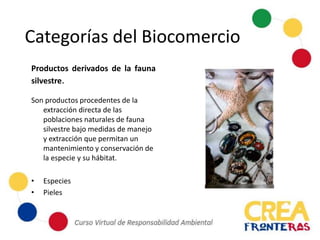 Categorías del Biocomercio
Productos derivados de la fauna
silvestre.
Son productos procedentes de la
extracción directa de las
poblaciones naturales de fauna
silvestre bajo medidas de manejo
y extracción que permitan un
mantenimiento y conservación de
la especie y su hábitat.
• Especies
• Pieles
 