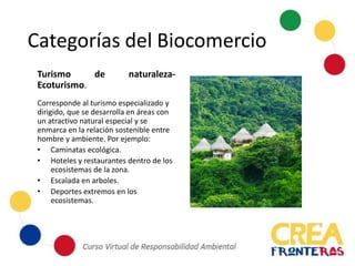 Categorías del Biocomercio
Turismo de naturaleza-
Ecoturismo.
Corresponde al turismo especializado y
dirigido, que se desarrolla en áreas con
un atractivo natural especial y se
enmarca en la relación sostenible entre
hombre y ambiente. Por ejemplo:
• Caminatas ecológica.
• Hoteles y restaurantes dentro de los
ecosistemas de la zona.
• Escalada en arboles.
• Deportes extremos en los
ecosistemas.
 