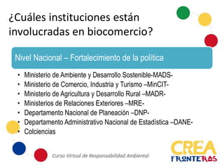 ¿Cuáles instituciones están
involucradas en biocomercio?
Nivel Nacional – Fortalecimiento de la política
• Ministerio de Ambiente y Desarrollo Sostenible-MADS-
• Ministerio de Comercio, Industria y Turismo –MinCIT-
• Ministerio de Agricultura y Desarrollo Rural –MADR-
• Ministerios de Relaciones Exteriores –MRE-
• Departamento Nacional de Planeación –DNP-
• Departamento Administrativo Nacional de Estadística –DANE-
• Colciencias
 