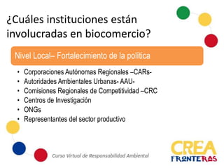 ¿Cuáles instituciones están
involucradas en biocomercio?
Nivel Local– Fortalecimiento de la política
• Corporaciones Autónomas Regionales –CARs-
• Autoridades Ambientales Urbanas- AAU-
• Comisiones Regionales de Competitividad –CRC
• Centros de Investigación
• ONGs
• Representantes del sector productivo
 