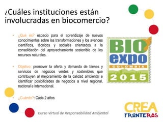 • ¿Qué és? espacio para el aprendizaje de nuevos
conocimientos sobre las transformaciones y los avances
científicos, técnicos y sociales orientados a la
consolidación del aprovechamiento sostenible de los
recursos naturales.
• Objetivo: promover la oferta y demanda de bienes y
servicios de negocios verdes y sostenibles que
contribuyen al mejoramiento de la calidad ambiental e
identificar posibilidades de negocios a nivel regional,
nacional e internacional.
• ¿Cuándo?: Cada 2 años
¿Cuáles instituciones están
involucradas en biocomercio?
 
