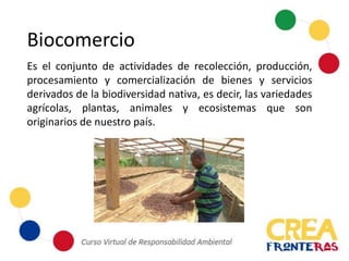 Biocomercio
Es el conjunto de actividades de recolección, producción,
procesamiento y comercialización de bienes y servicios
derivados de la biodiversidad nativa, es decir, las variedades
agrícolas, plantas, animales y ecosistemas que son
originarios de nuestro país.
 