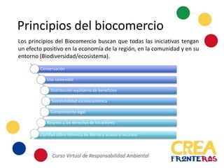 Principios del biocomercio
Conservación
Uso sostenible
Distribución equitativa de beneficios
Sostenibilidad socioeconómica
Cumplimiento legal
Respeto a los derechos de los actores
Claridad sobre tenencia de tierras y acceso a recursos
Los principios del Biocomercio buscan que todas las iniciativas tengan
un efecto positivo en la economía de la región, en la comunidad y en su
entorno (Biodiversidad/ecosistema).
 