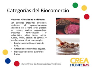 Categorías del Biocomercio
Productos Naturales no maderables.
Son aquellos productos obtenidos
mediante el aprovechamiento
sostenible de la flora, estos pueden
ser resinas, aceites, oleorresinas,
productos farmacéuticos o
industriales, tallos, hojas, raíces,
nueces, frutos, aceites de semillas y
semillas, entre otros, por ejemplo:
• Productos cosméticos a base de
Café.
• Artesanías con semillas y bejucos.
• Producción de tintes a partir de
frutos.
 