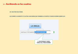 3.1. Escribiendo en los cuadros
LES DAS TAN SOLO DOBLE
CLIC SOBRE EL ELEMENTO Y SE ACTIVA UNA BARRA QUE SOMBREA LO ESCRITO Y PUEDES ESCRIBIR SOBRE ELLO.
1. SELECCIONAR Y DARLE
DOBLE CLIC, PARA ESCRIBIR
 