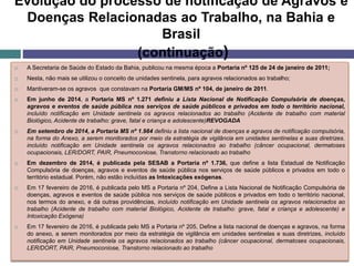 Evolução do processo de notificação de Agravos e
Doenças Relacionadas ao Trabalho, na Bahia e
Brasil
(continuação)
 A Secretaria de Saúde do Estado da Bahia, publicou na mesma época a Portaria nº 125 de 24 de janeiro de 2011;
 Nesta, não mais se utilizou o conceito de unidades sentinela, para agravos relacionados ao trabalho;
 Mantiveram-se os agravos que constavam na Portaria GM/MS nº 104, de janeiro de 2011.
 Em junho de 2014, a Portaria MS nº 1.271 definiu a Lista Nacional de Notificação Compulsória de doenças,
agravos e eventos de saúde pública nos serviços de saúde públicos e privados em todo o território nacional,
incluído notificação em Unidade sentinela os agravos relacionados ao trabalho (Acidente de trabalho com material
Biológico, Acidente de trabalho: grave, fatal e criança e adolescente)REVOGADA
 Em setembro de 2014, a Portaria MS nº 1.984 definiu a lista nacional de doenças e agravos de notificação compulsória,
na forma do Anexo, a serem monitorados por meio da estratégia de vigilância em unidades sentinelas e suas diretrizes.
incluído notificação em Unidade sentinela os agravos relacionados ao trabalho (câncer ocupacional, dermatoses
ocupacionais, LER/DORT, PAIR, Pneumoconiose, Transtorno relacionado ao trabalho
 Em dezembro de 2014, é publicada pela SESAB a Portaria nº 1.736, que define a lista Estadual de Notificação
Compulsória de doenças, agravos e eventos de saúde pública nos serviços de saúde públicos e privados em todo o
território estadual. Porém, não estão incluídas as Intoxicações exógenas.
 Em 17 fevereiro de 2016, é publicada pelo MS a Portaria nº 204, Define a Lista Nacional de Notificação Compulsória de
doenças, agravos e eventos de saúde pública nos serviços de saúde públicos e privados em todo o território nacional,
nos termos do anexo, e dá outras providências, incluído notificação em Unidade sentinela os agravos relacionados ao
trabalho (Acidente de trabalho com material Biológico, Acidente de trabalho: grave, fatal e criança e adolescente) e
Intoxicação Exógena)
 Em 17 fevereiro de 2016, é publicada pelo MS a Portaria nº 205, Define a lista nacional de doenças e agravos, na forma
do anexo, a serem monitorados por meio da estratégia de vigilância em unidades sentinelas e suas diretrizes, incluído
notificação em Unidade sentinela os agravos relacionados ao trabalho (câncer ocupacional, dermatoses ocupacionais,
LER/DORT, PAIR, Pneumoconiose, Transtorno relacionado ao trabalho
 