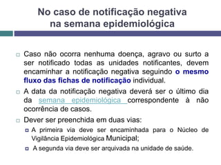 No caso de notificação negativa
na semana epidemiológica
 Caso não ocorra nenhuma doença, agravo ou surto a
ser notificado todas as unidades notificantes, devem
encaminhar a notificação negativa seguindo o mesmo
fluxo das fichas de notificação individual.
 A data da notificação negativa deverá ser o último dia
da semana epidemiológica correspondente à não
ocorrência de casos.
 Dever ser preenchida em duas vias:
 A primeira via deve ser encaminhada para o Núcleo de
Vigilância Epidemiológica Municipal;
 A segunda via deve ser arquivada na unidade de saúde.
 