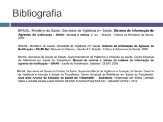 Bibliografia
BRASIL. Ministério da Saúde. Secretaria de Vigilância em Saúde. Sistema de Informação de
Agravos de Notificação – SINAN: normas e rotinas, 2. ed. – Brasília : Editora do Ministério da Saúde,
2007.
BRASIL. Ministério da Saúde. Secretaria de Vigilância em Saúde. Sistema de Informação de Agravos de
Notificação – SINAN Net: Manual do Sistema – Versão 4.0, Brasília : Editora do Ministério da Saúde, 2010.
BAHIA. Secretaria da Saúde do Estado. Superintendência de Vigilância e Proteção da Saúde. Centro Estadual
de Referência em Saúde do Trabalhador. Manual de normas e rotinas do sistema de informação de
agravos de notificação – SINAN - Saúde do Trabalhador. Salvador: CESAT, 2009.
BAHIA. Secretaria da Saúde do Estado da Bahia. Superintendência de Vigilância e Proteção da Saúde. Diretoria
de Vigilância e Atenção à Saúde do Trabalhador. Centro Estadual de Referência em Saúde do Trabalhador.
Guia para Análise da Situação de Saúde do Trabalhador – SUS/Bahia. Organizado por Eliane Cardoso
Sales e Joselita Cássia Lopes Ramos. SESAB/ SUVISA/DIVAST/CESAT - Salvador: DIVAST, 2014.
 